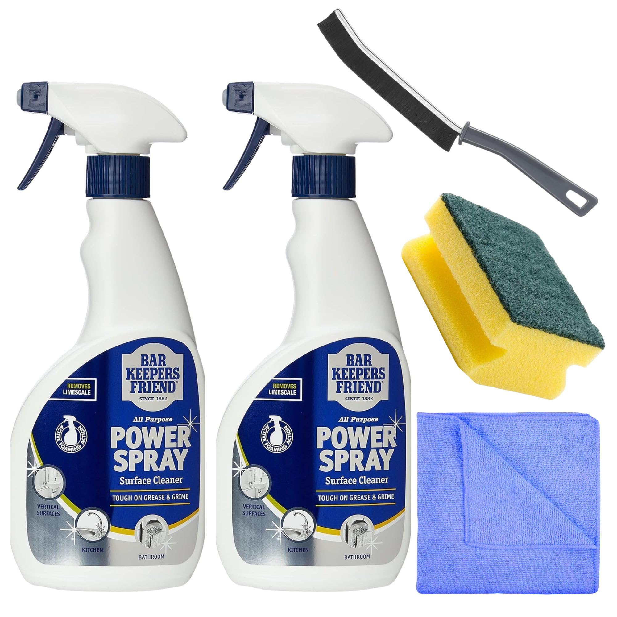 Bar Keepers Friend Power Spray Pack 2x (500ML) All Purpose Surface Cleaner, Bartenders, Household Kitchen and Bathroom Cleaning Bundled with Crevice Grout Gap Cleaner Brush, Sponge & Cloth