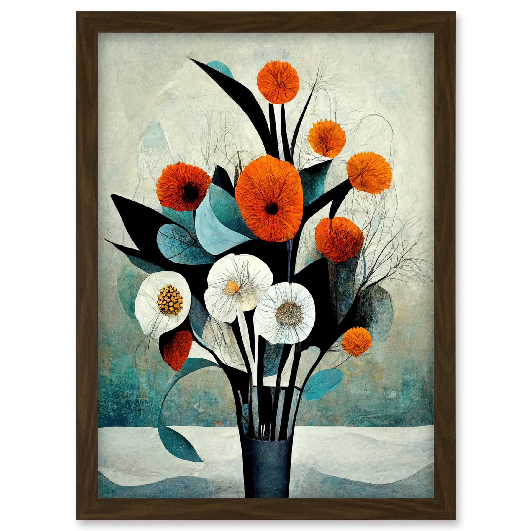 Doppelganger33 LTD Flowers Floral Display Bouquet Modern Abstract Teal Orange Artwork Framed A3 Wall Art Print