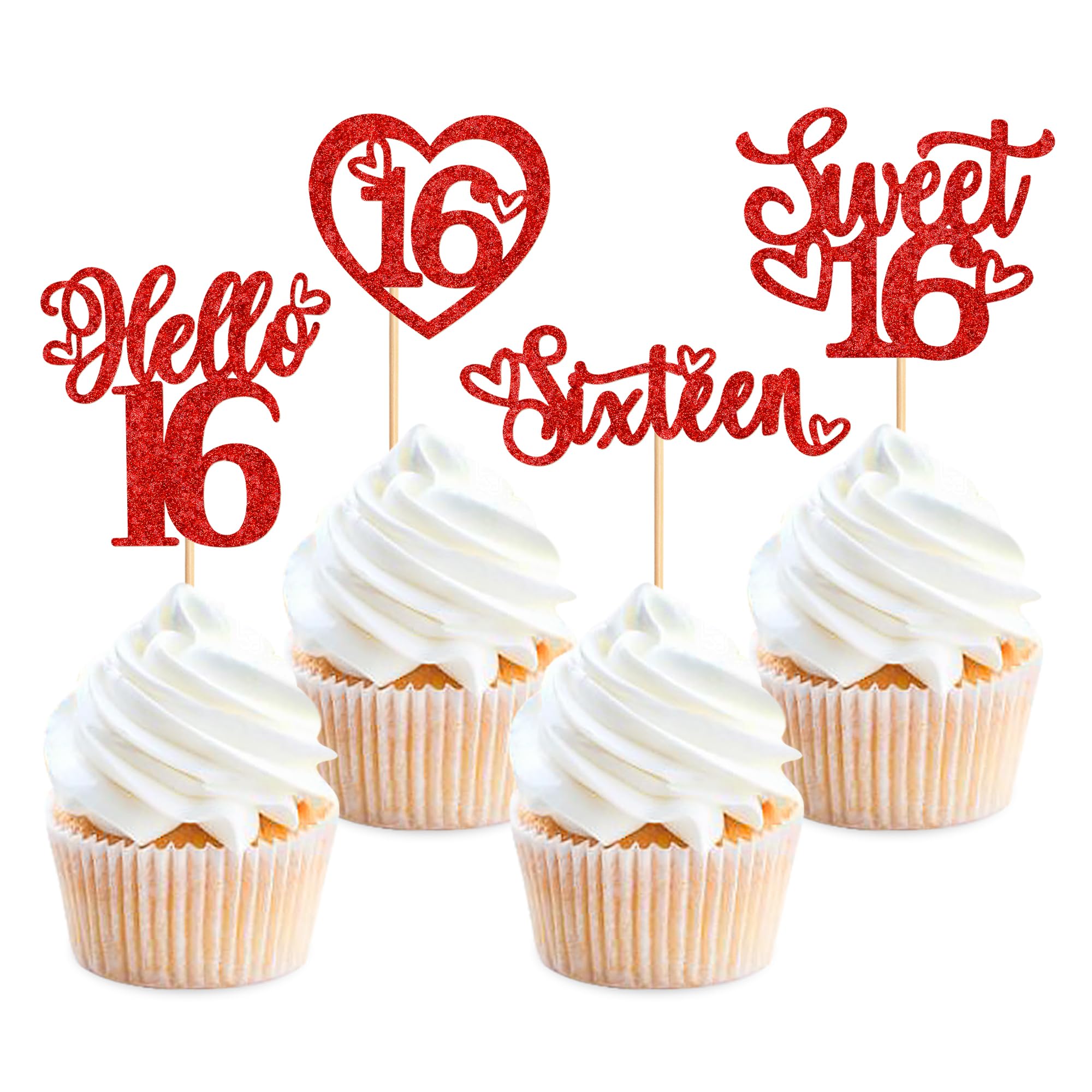 Ercadio 24 Pack Sweet 16 Cupcake Toppers Red Glitter Hello 16 Cupcake Toppers Sixteen Happy 16th Cupcake Picks 16 Happy Birthday Cake Toppers for 16th Birthday Party Cake Decor Supplies