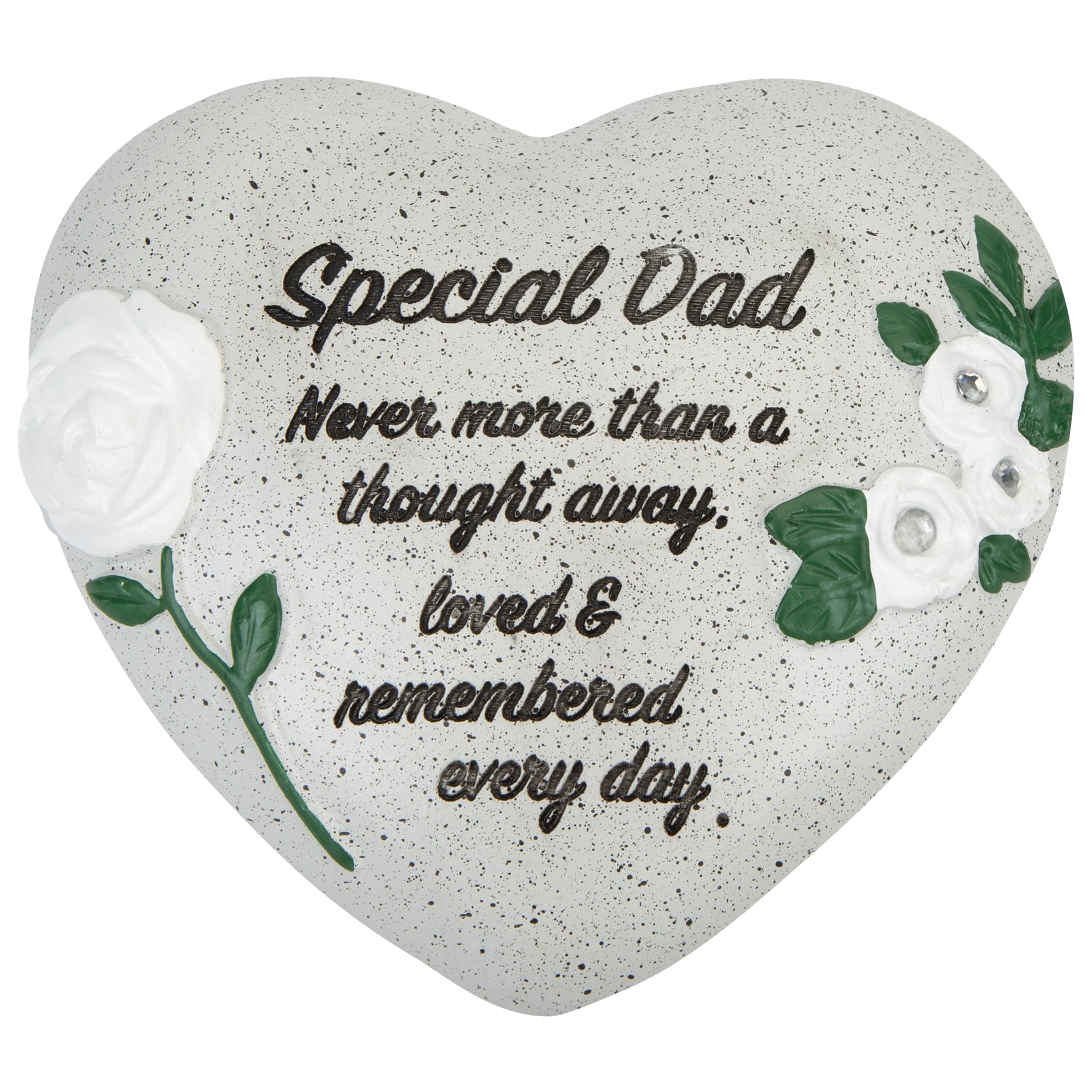 PMS Special Dad Memorial Heart Ornament – Polyresin Graveside Memorial Stone with White Roses & Diamantes – Sympathy Tribute Keepsake – 16 x 14 cm