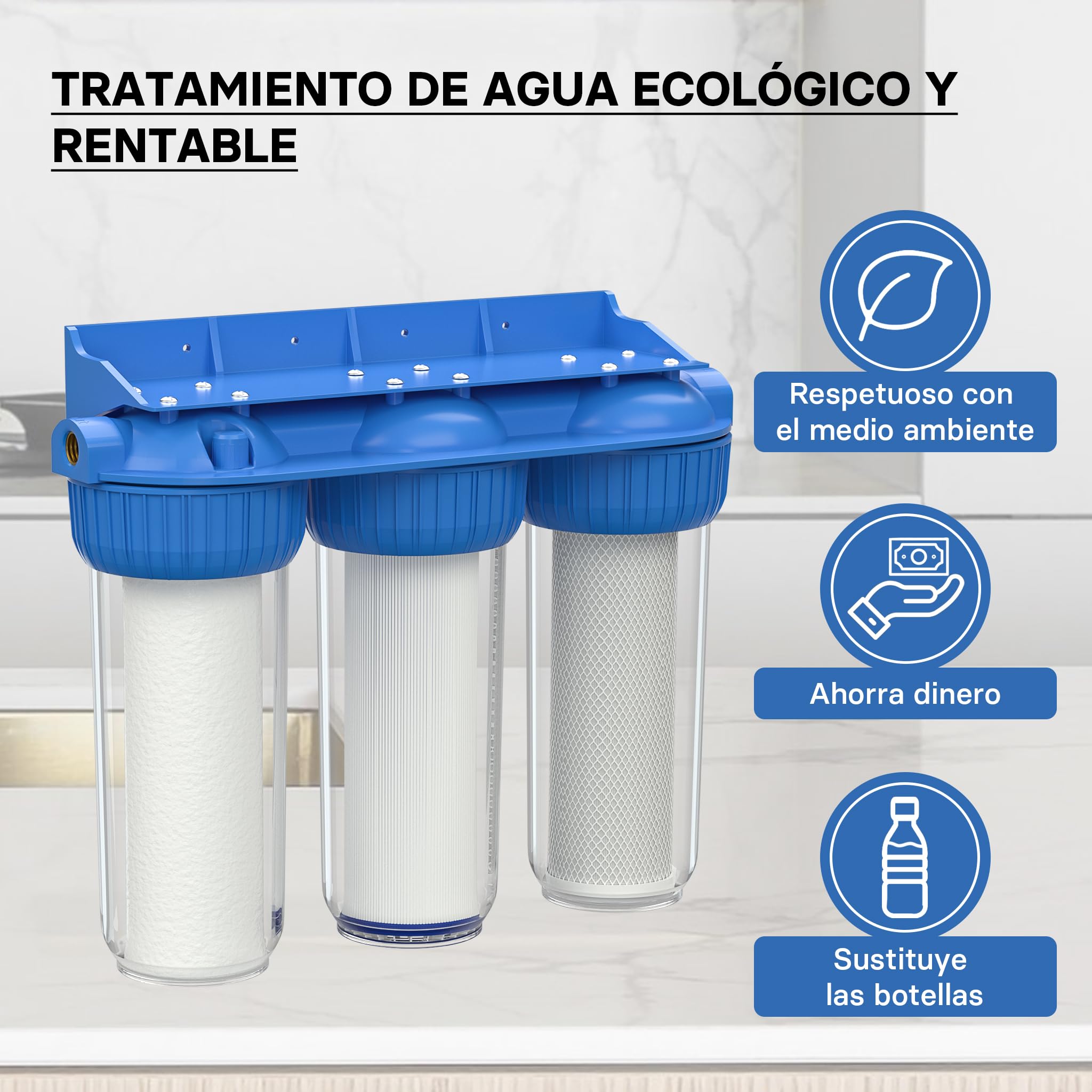 Naturewater NW-BR10B4 Filtro de agua 3-etapas 26.16mm (3/4") cartucho PP Ø60 mm, filtro con soporte de pared, con llave, filtración de sedimentos, carbón activado en bloque y en granulado