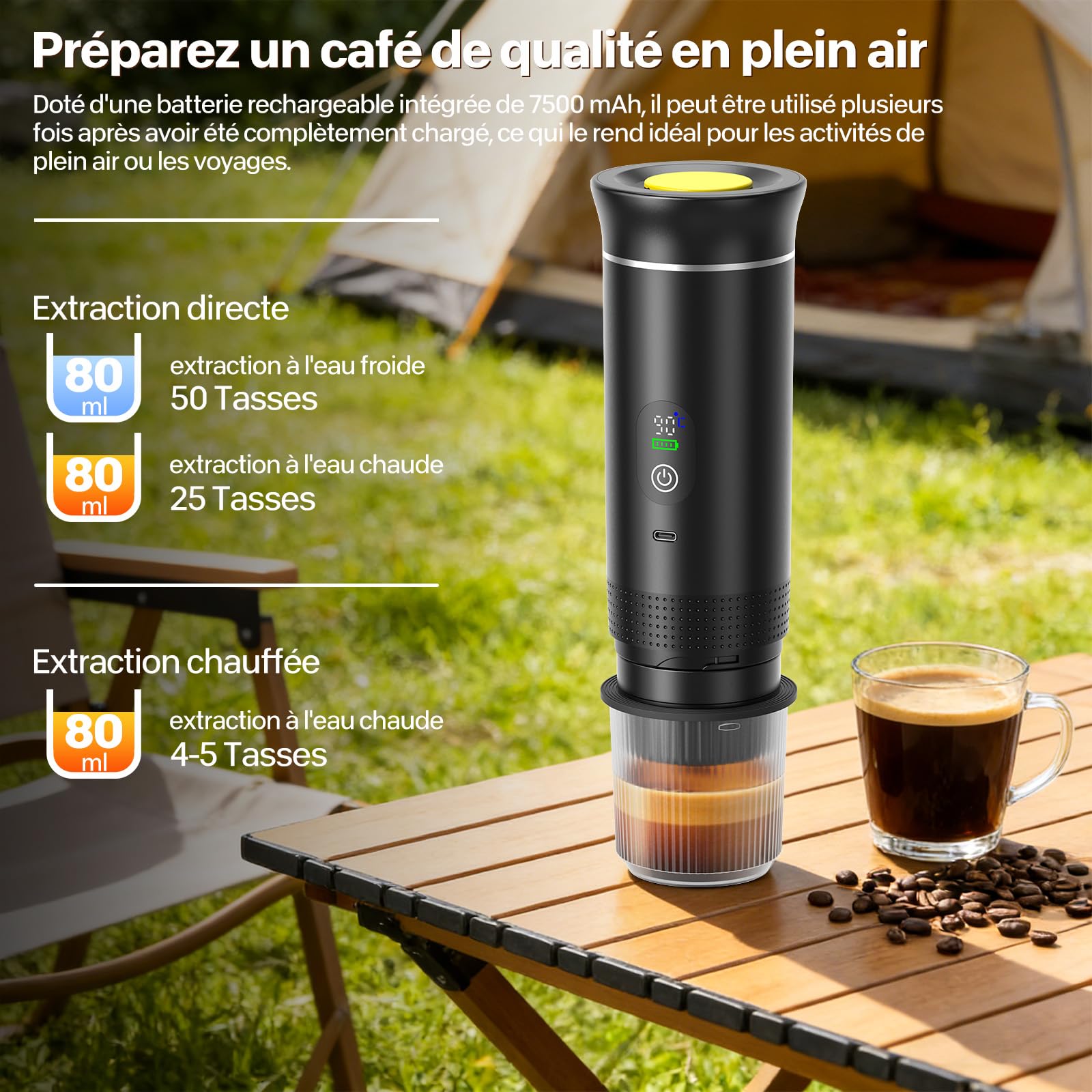 VHV Cafetière Portable 3 en 1,Rechargeable Cafetière Portable de Voyage,12V Expresso Machine a Cafe pour Capsule,Café Moulu,pour Camping,Bureau,Voyage, Maison, Voiture (Noir)