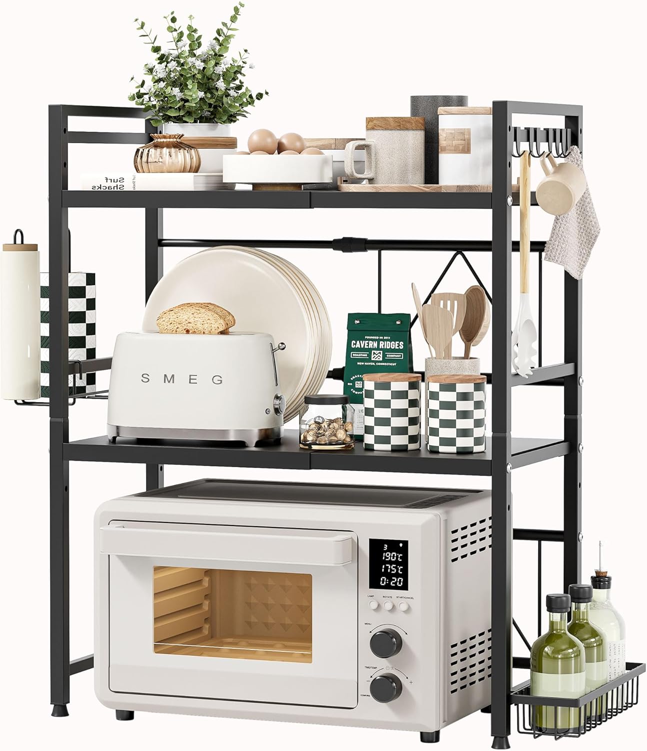 NETEL Soporte extensible para microondas, estantes organizadores de encimera de cocina de metal de 3 niveles con soporte para toallas de papel y