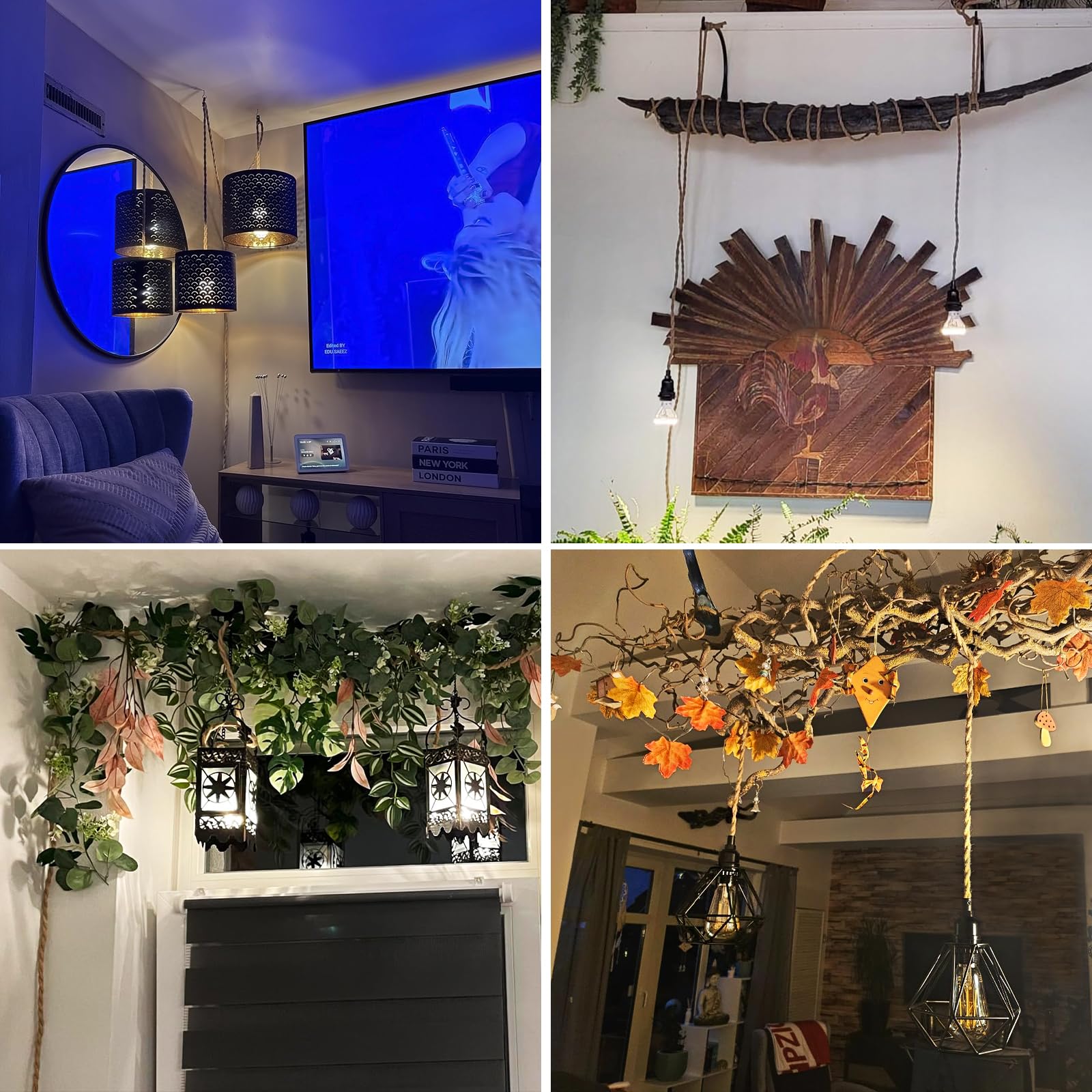 Hanfseil Pendelleuchte mit Stecker 2 Flammig E27 Fassung mit 6M Textilkabel Pendellampe Kit mit Schalten und Eu Stecken Vintage Seil Lampe DIY Hängeleuchte für Esszimmer Schlafzimmer