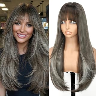 Nnzes Ash with Silver Highlights 26-inch Long Wig with Bangs for Women-Straight Layered Style,Natural Scalp, Freestyle Parting,Natural-Looking & Heat-Resistant Synthetic Hair for Daily and Party Use