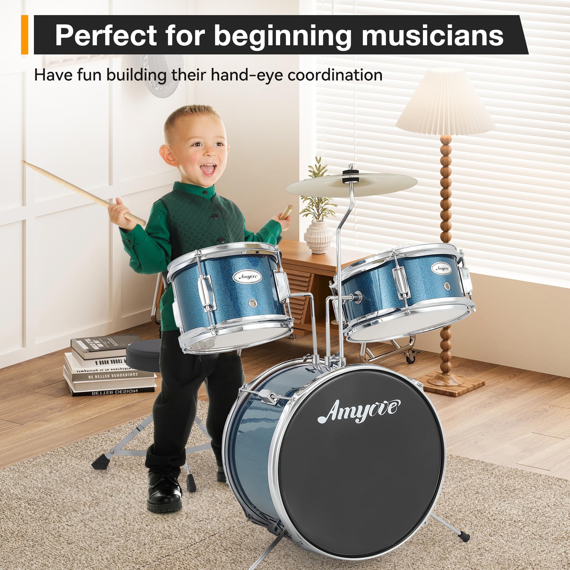 Batería Electrónica Infantil De 3 Piezas Con Platillos, Bombo, Pedal y 2 Toms, Incluye Baquetas y Taburete, Instrumento Musical Ideal Para Niños Principiantes