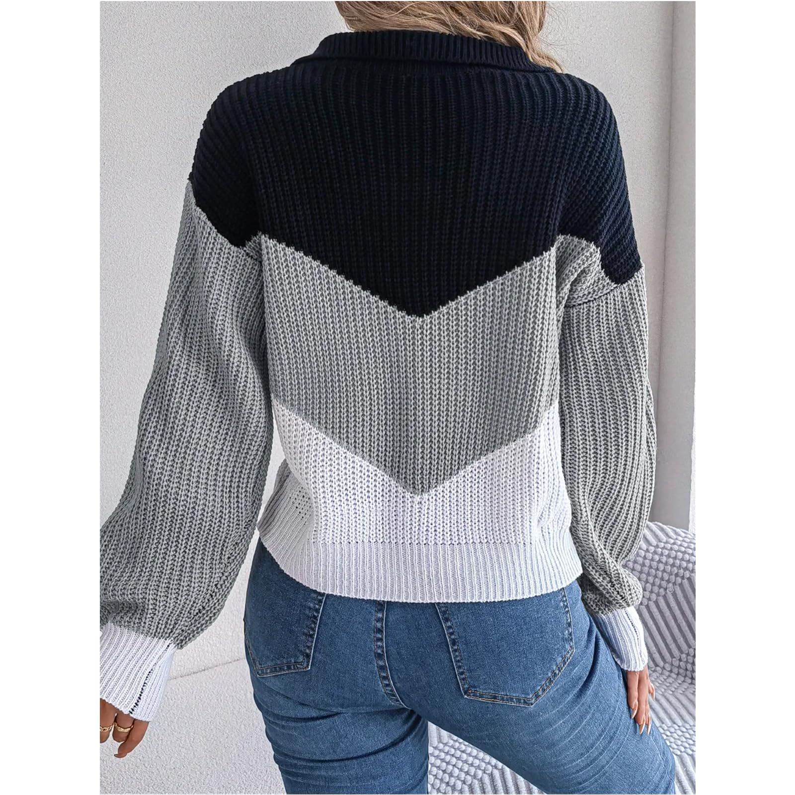 Sweter dla kobiet Jesień Zima Temperament Casual Kołnierz Kontrastowy Luźny Rękaw Elegancki Dzianinowy Sweter Street Damski Sweter