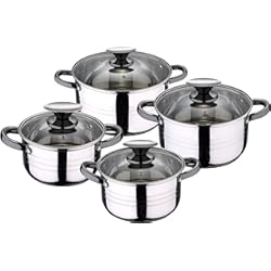 Bateria De Cocina El Volcan San Ignacio Premium Dina - Bateria de cocina de 4 piezas, acero inoxidable, 1.9L-2.7L-3.5L-5.1L, apta para todo tipo de cocinas incluido inducción, Gris, Pack 8 pcs
