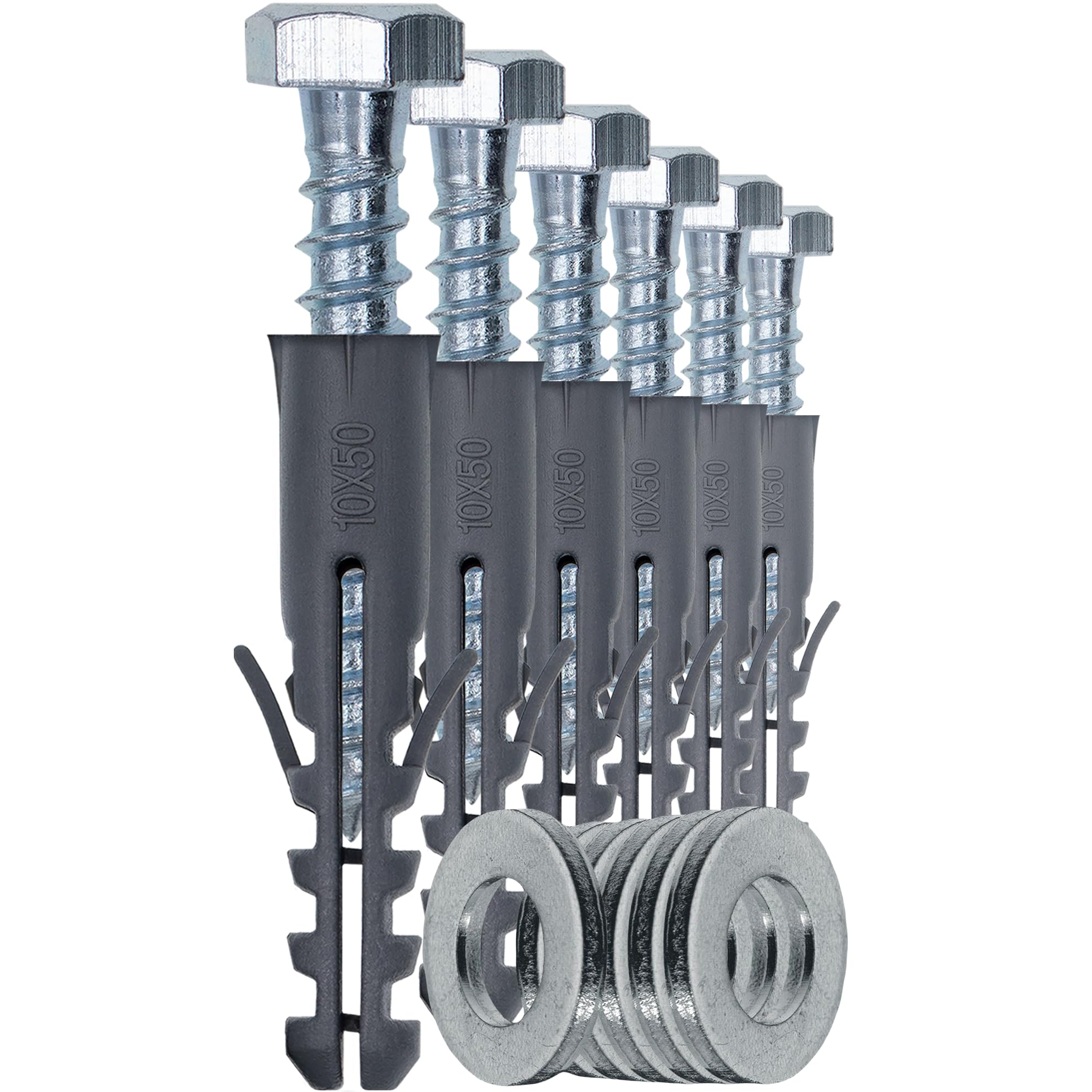 6 x M10 x 50 mm Strong Galvanised Satellite Anchor Nylon Mungo Wall Plug + Heavy Duty Coach Screw with 13mm HEX Bolt Head for Fixing Aerial Mast Sky Dishes TV Mount Brackets Shelving Racking