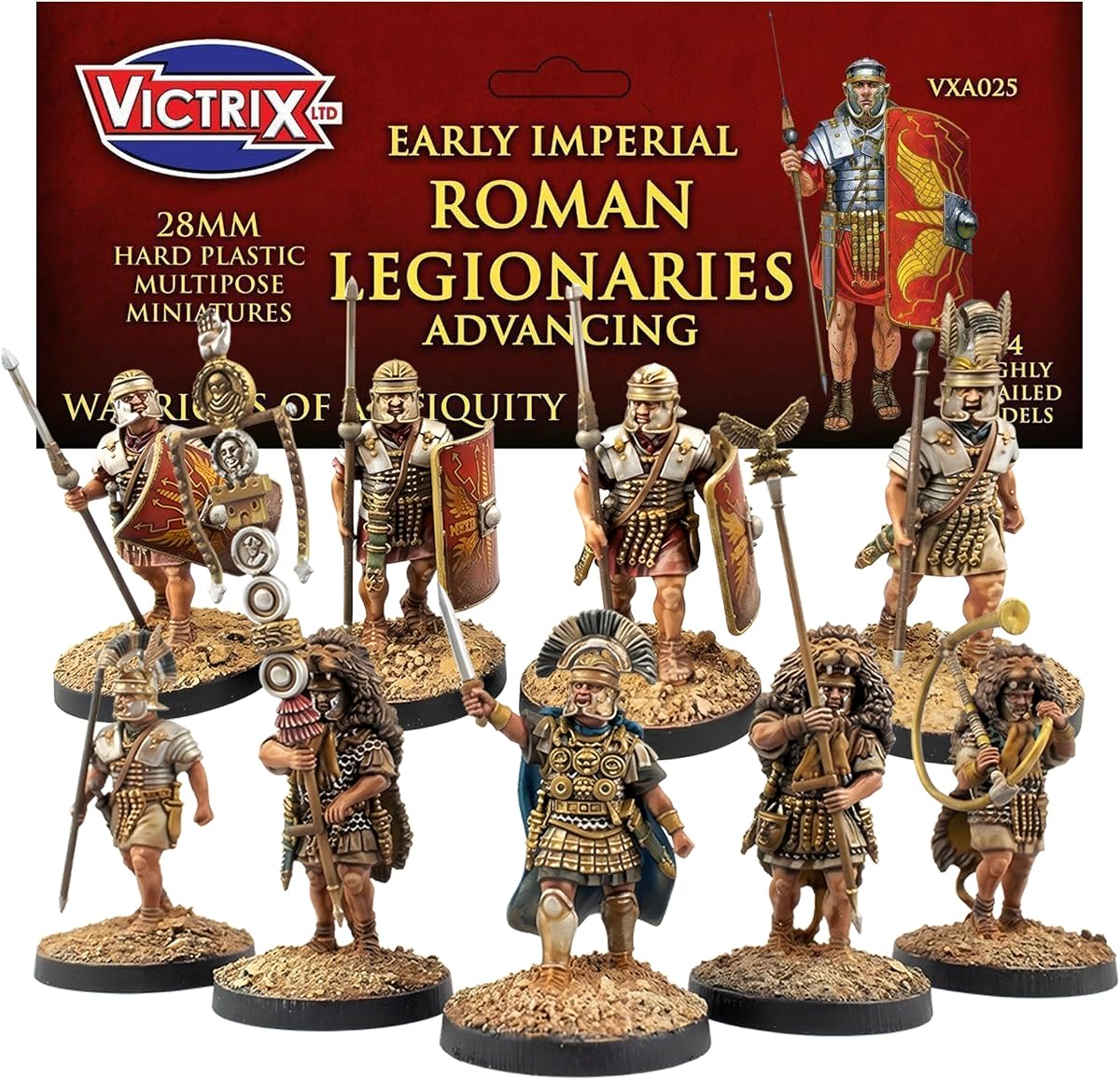Wargames Delivered - Victrix Early Imperial Roman Legionaries Advancing | Bonus Miniature STL Download 24 Highly Detailed 28mm Miniatures with Pilums, Shields, and Praetorian Crests for Wargaming