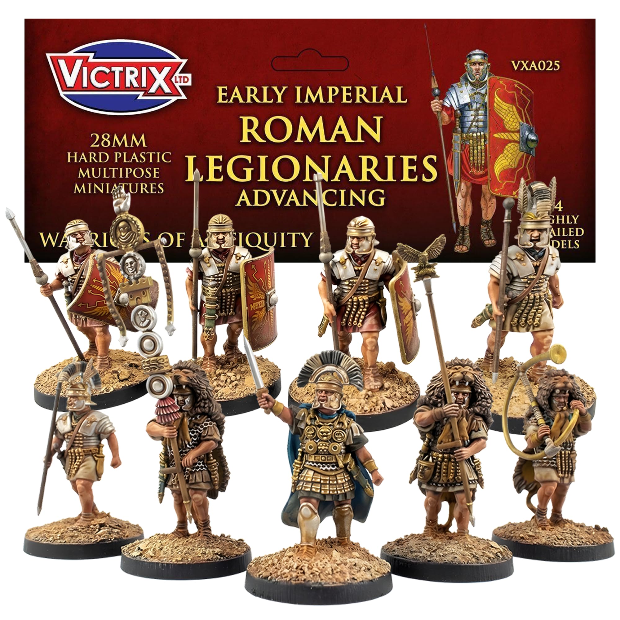 Wargames Delivered - Victrix Early Imperial Roman Legionaries Advancing Set with Bonus Miniature STL Download - 24 Detailed 28mm Miniatures with Pilums, Shields, and Praetorian Crests for Wargaming