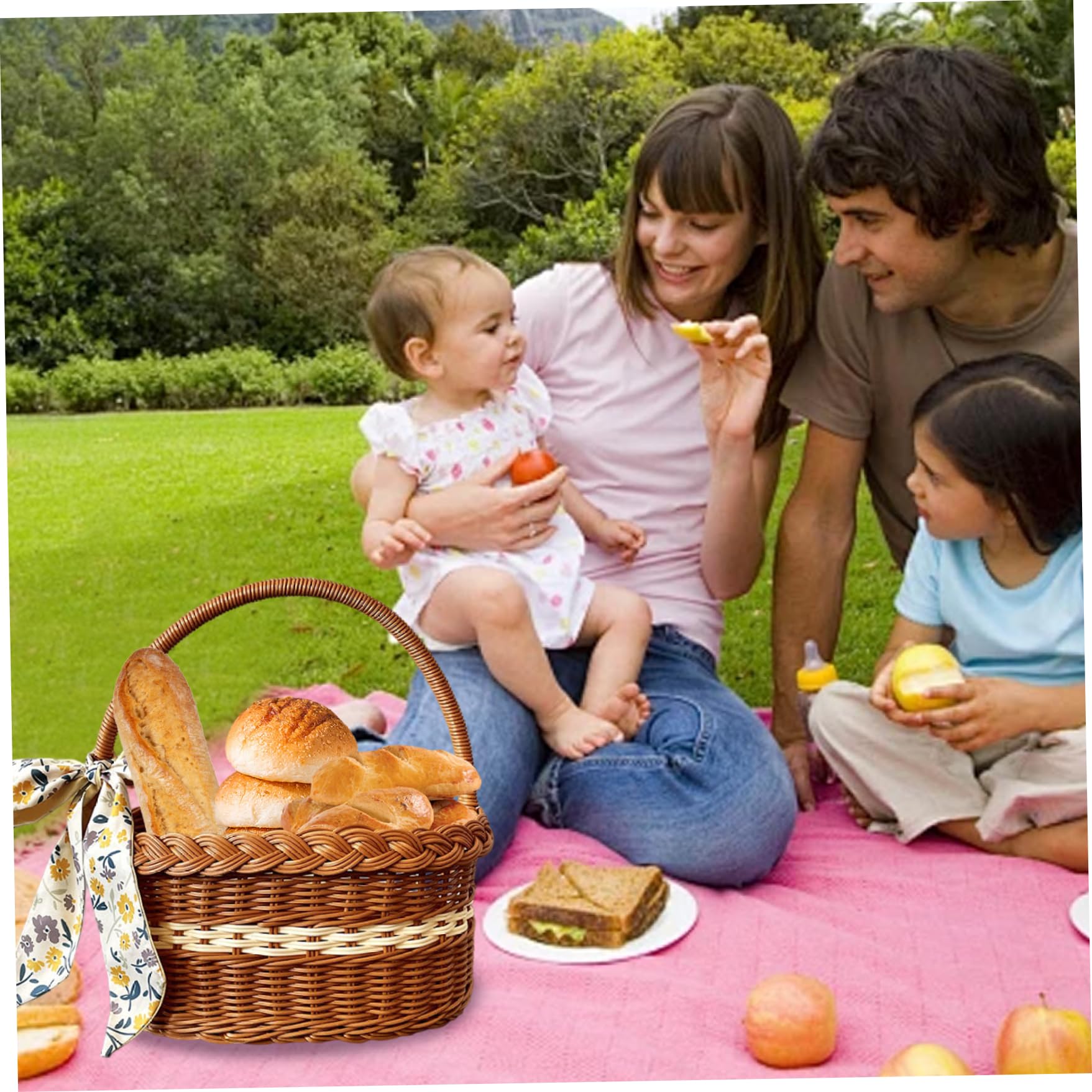 Cesto di vimini con manico, cestino in vimini con manico, grande, portatile, in rattan, picnic, con sciarpa, design vintage, cestino intrecciato per picnic, uova di Pasqua, fiori all'aperto