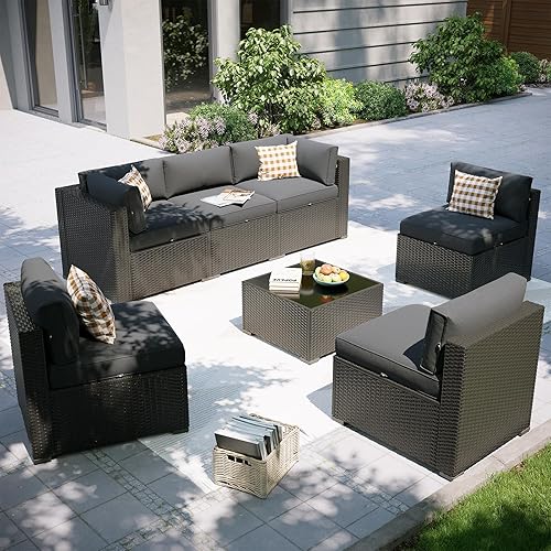 Aoxun 7 Piece Patio Furniture Set, Outdoor Sectional Sofas with Waterprool Cover, Wicker Rattan Outdoor Furniture Patio Conversation Set for Backyard, Garden Dark Grey