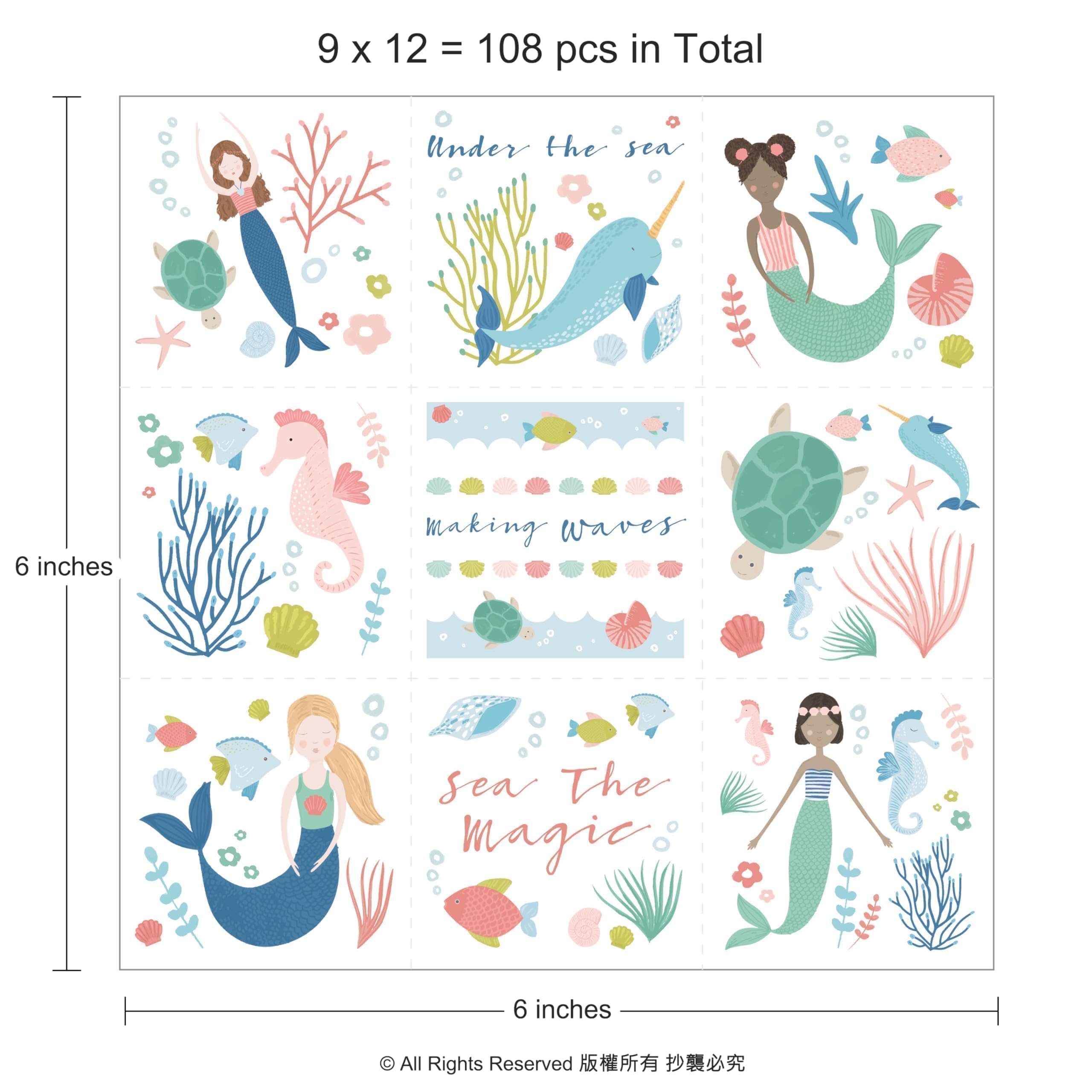 Cheerland Mermaid Temporary Tattoos for Kids Under the Sea Creature Stickers Underwater Arts for Ocean Theme Birthday Decoration Beach Baby Shower Picnic School Rewards Boys Girls Party Favors 108pcs