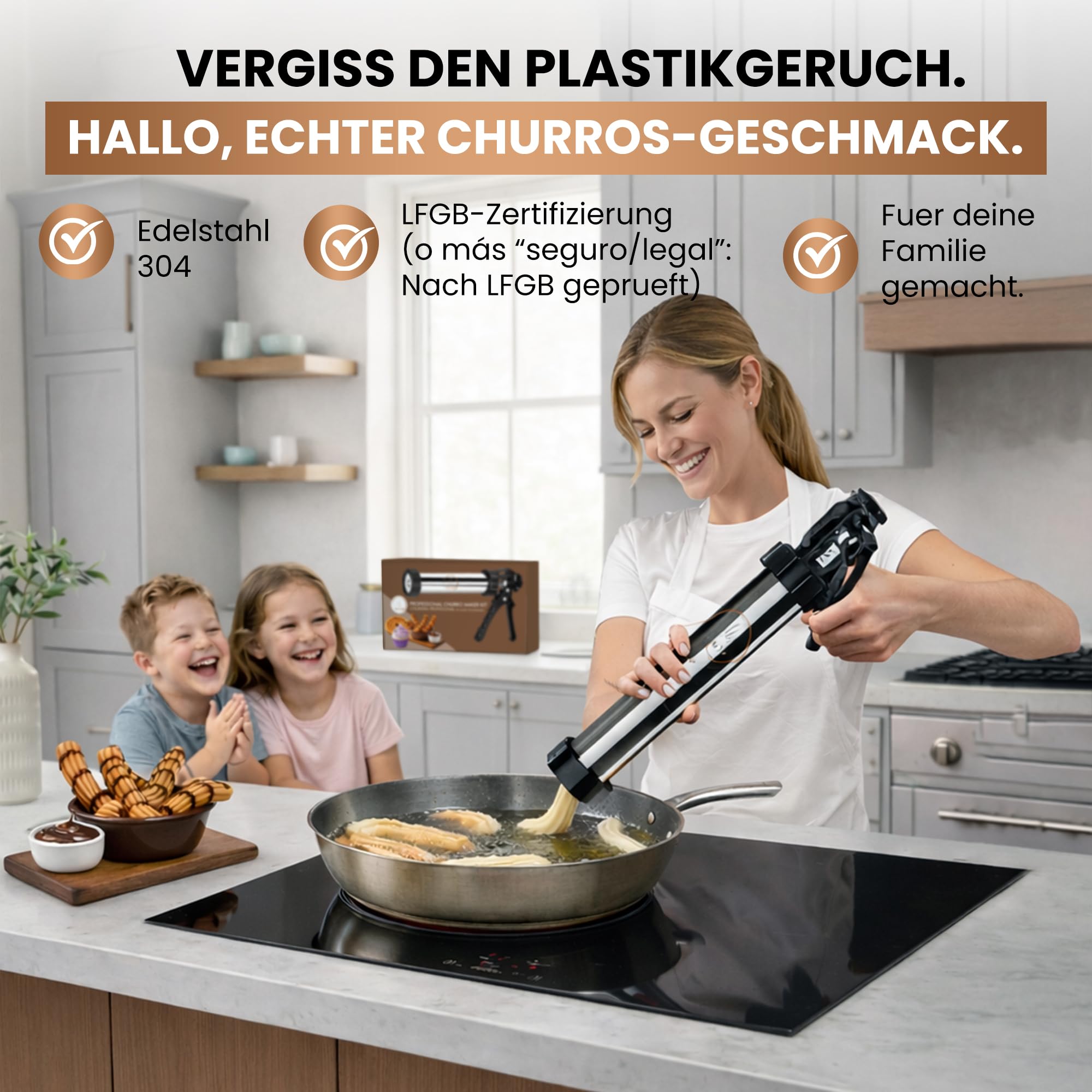 churros maker – Churros-Presse aus Edelstahl 304, LFGB geprüft, BPA-freier 41 cm Spritzbeutel, 12 Scheiben, 7 Tüllen + Füll-Injektor, Anti-Leck, QR-Rezepte