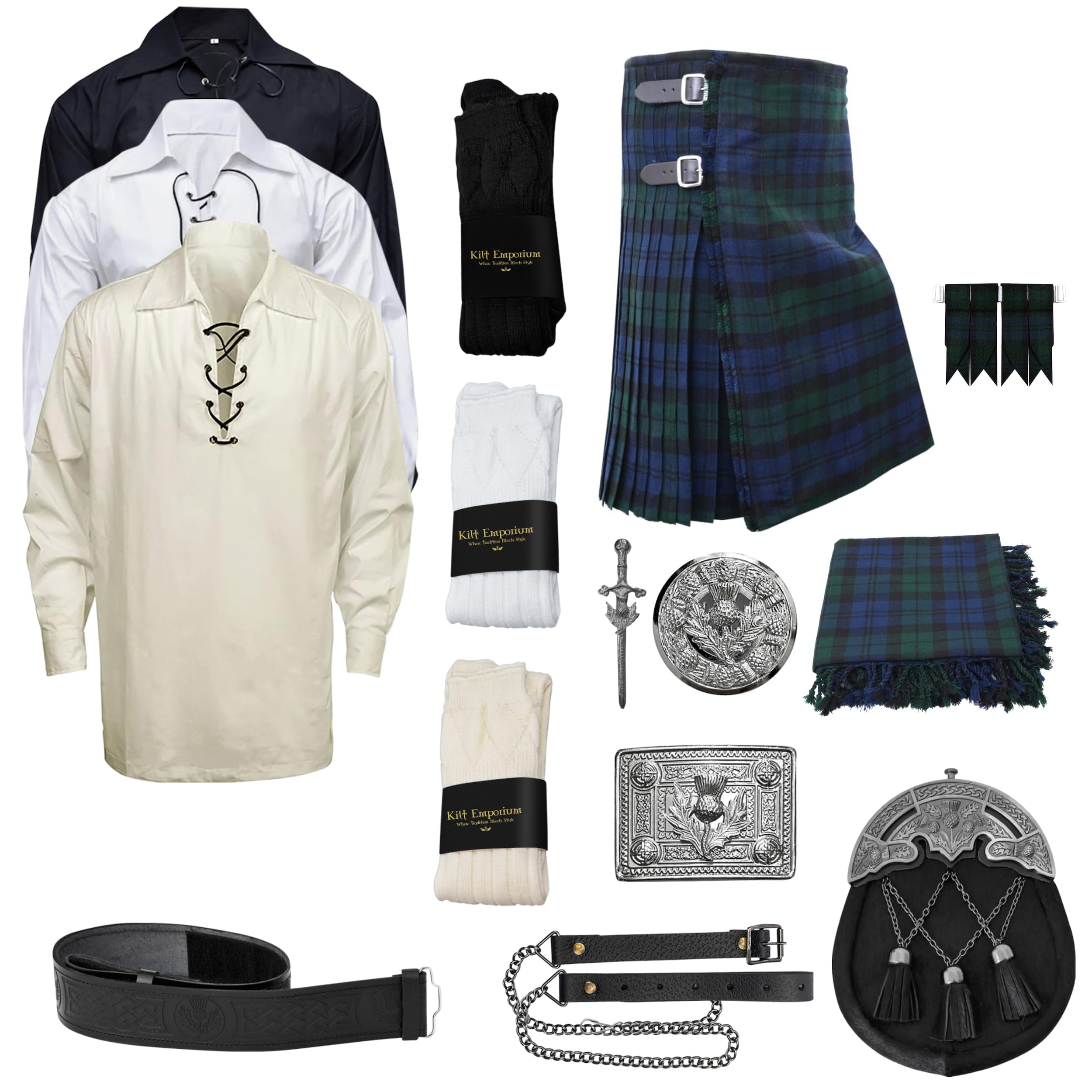 Kilt Emporium: Scottish Kilts for Men Thistle Set - Complete Tartan Kilts for Men & Scottish Clothing for Men - 10 Pieces Set, Black Watch, 48