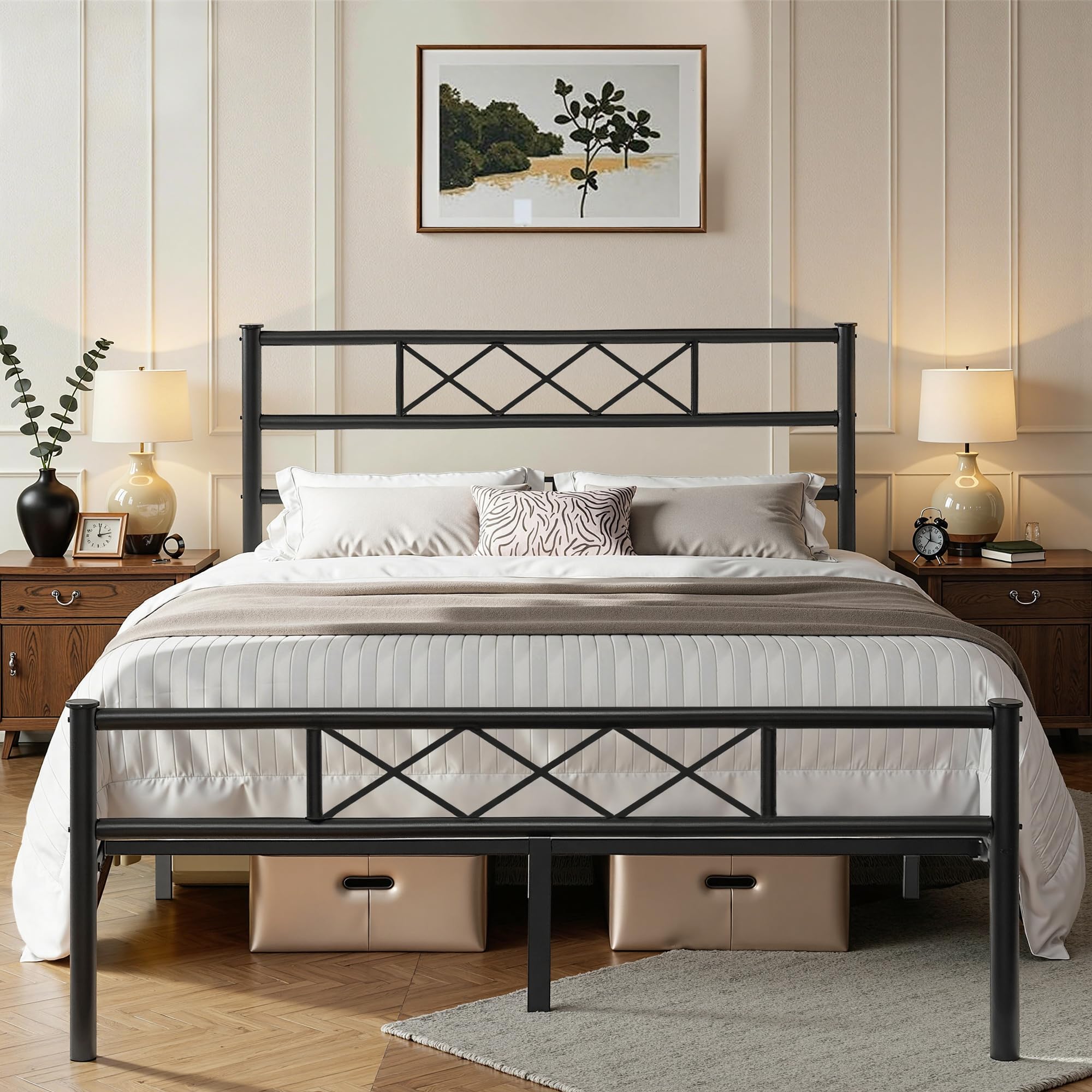 VECELO 4ft6 Double Bed Frame with Headboard, Heavy-Duty Platform/Mattress Foundation with Metal Slat Support, No Box Spring Needed, Easy Assembly, Black