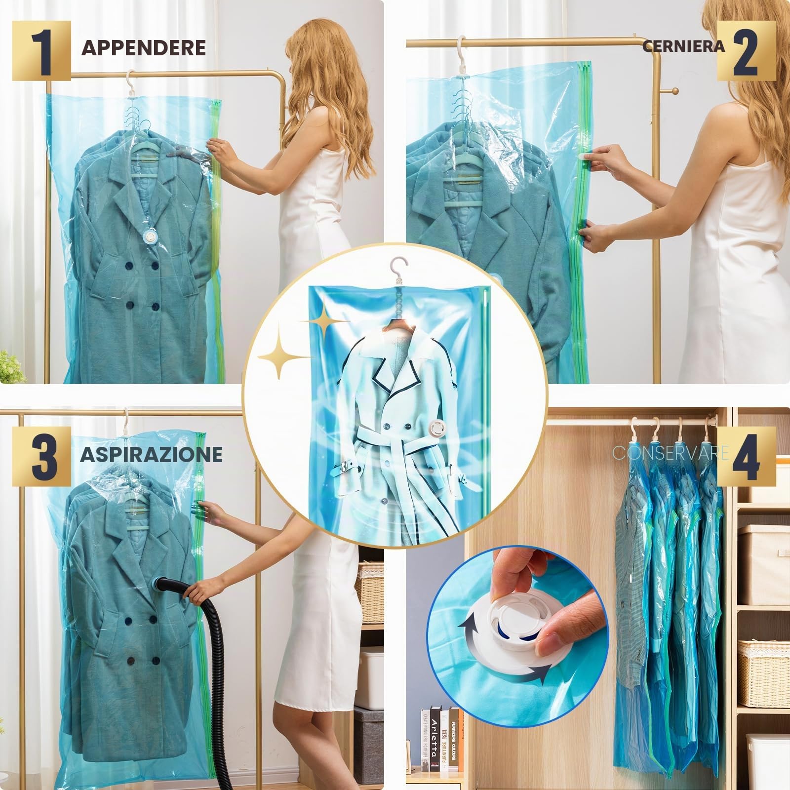 TAILI Sacchetti Sottovuoto da Appendere Buste Sottovuoto Vestiti Sacchetti con Gancio per Abiti, Conservazione di Giacche - sacchetti sottovuoto salvaspazio per la casa e i viaggi 4 Jumbo-Blu