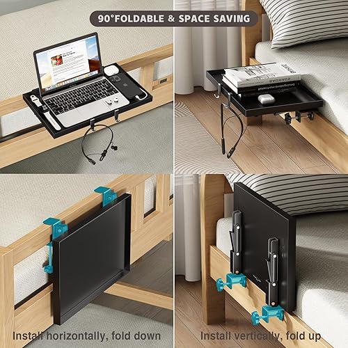Miniatura 4 de Estante plegable para mesita de noche, estante de metal con clip para litera superior, bandeja de mesa auxiliar de cama resistente para dormitorio