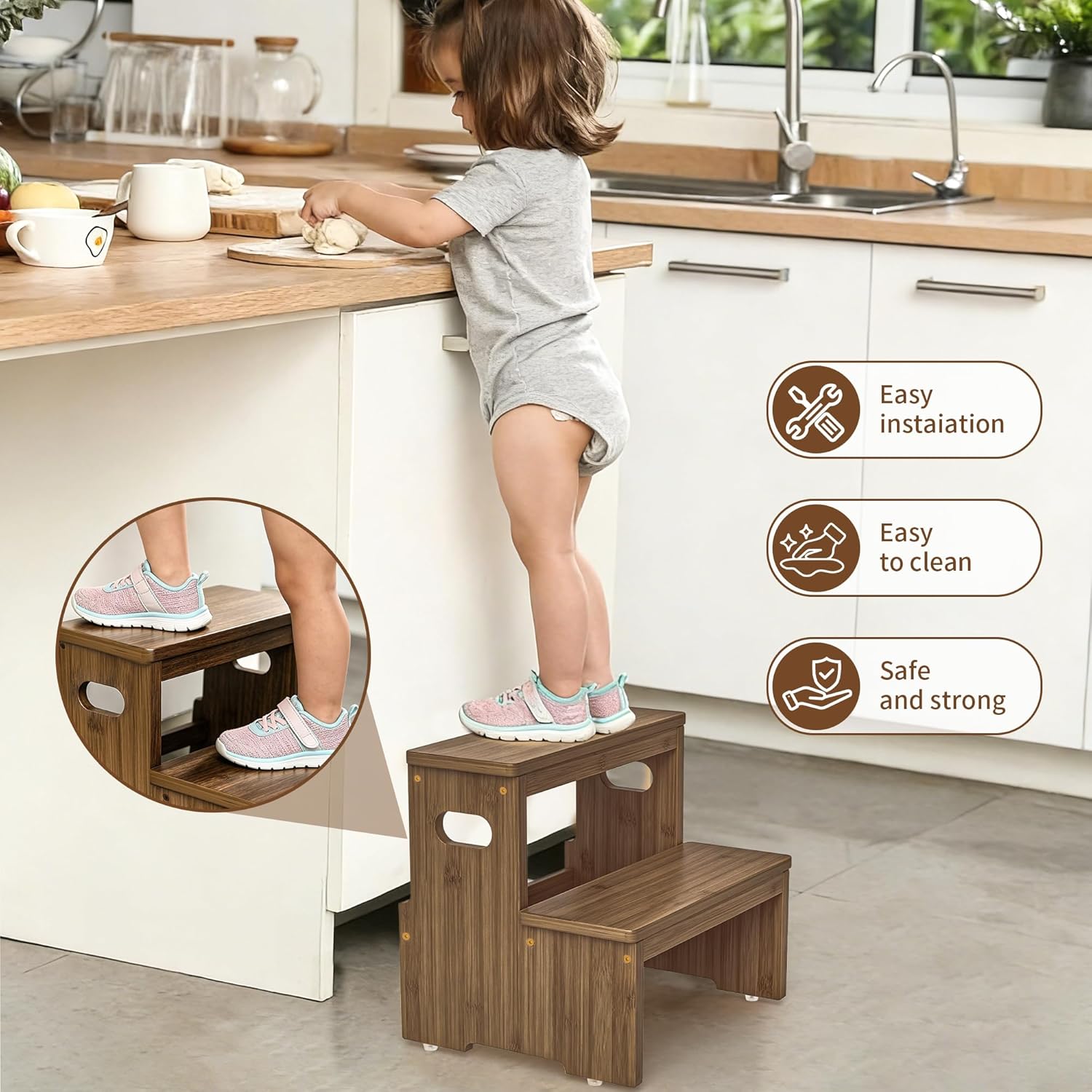 Two Step Stool for Adults and Kids, 450lbs Heavy Duty Step Stool, Bamboo Step Stool for High Beds, Portable Helper Step Stairs for Kids, for Kitchen, Bathroom, RV, Bedside Step Stool, Walnut