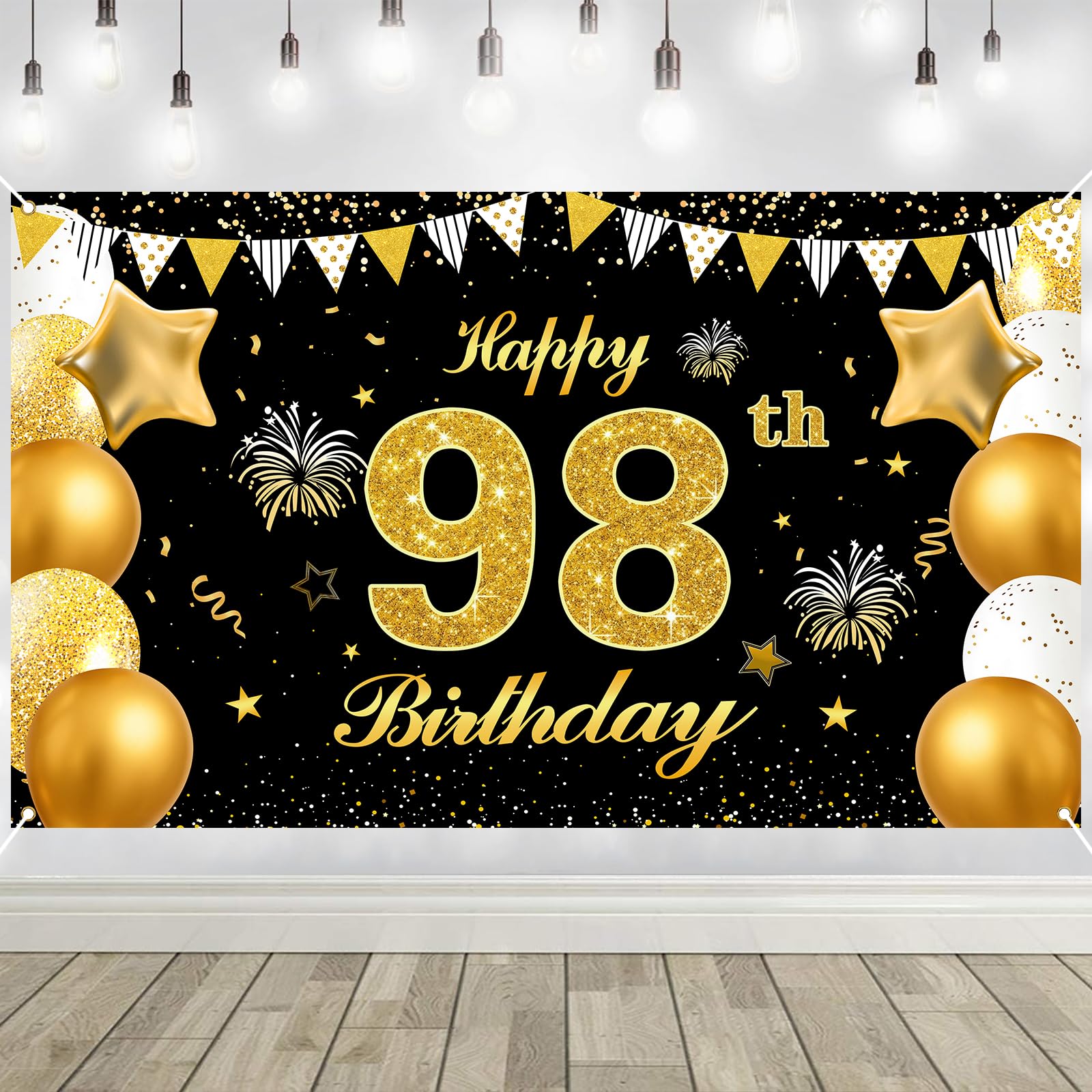 98th Birthday Decorations Banner Gold Black Happy Birthday Door Banner for Party Photo Backdrop for Men Women Home Outdoor Cover Party Decoration Supplies Poster