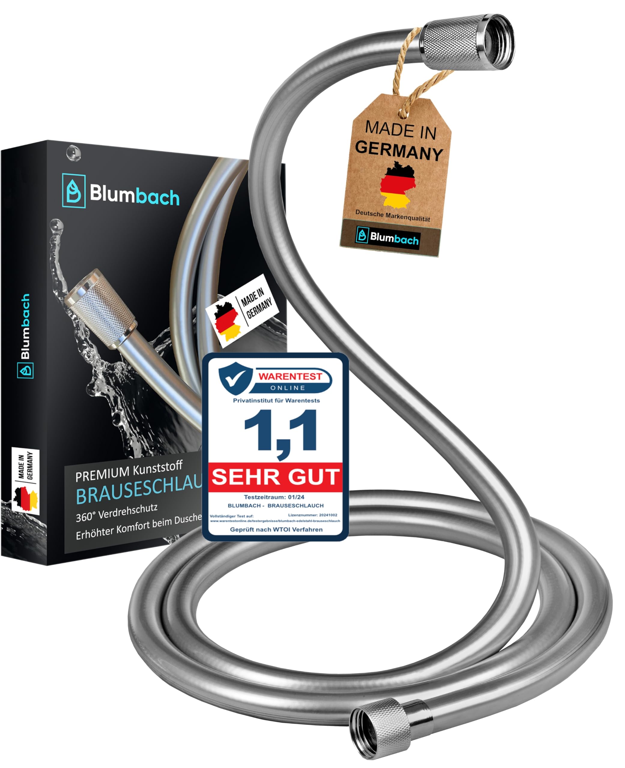 BLUMBACH® Brauseschlauch 1,6m Kunststoff, MADE IN GERMANY mit Verdrehschutz, Duschschlauch Kunststoffschlauch extrem flexibel + knickfest, Standard 1/2" Anschluss, Trinkwasser geprüfter Schlauch