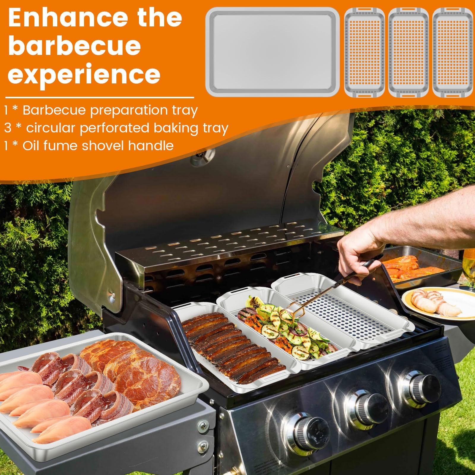 Juego de 5 cestas para barbacoa, bandeja de acero inoxidable, accesorios para barbacoa con agujeros, bandeja para servir y mango de elevación, sartenes para verduras, carne, pescado