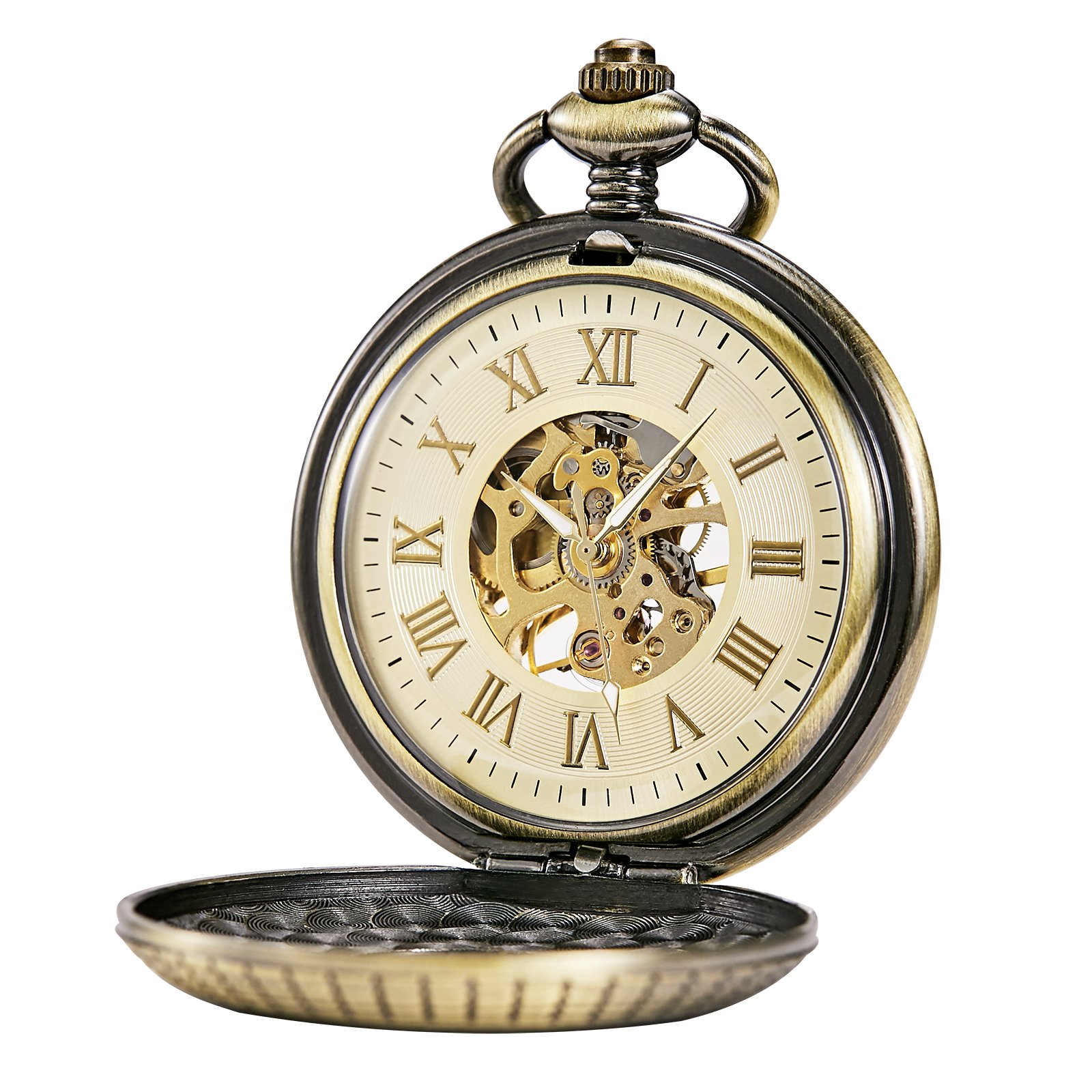 TREEWETO Reloj de bolsillo de madera unisex con cadena, analógico, cuerda manual, esqueleto con números romanos (Holz066), Bronce066, Clásico