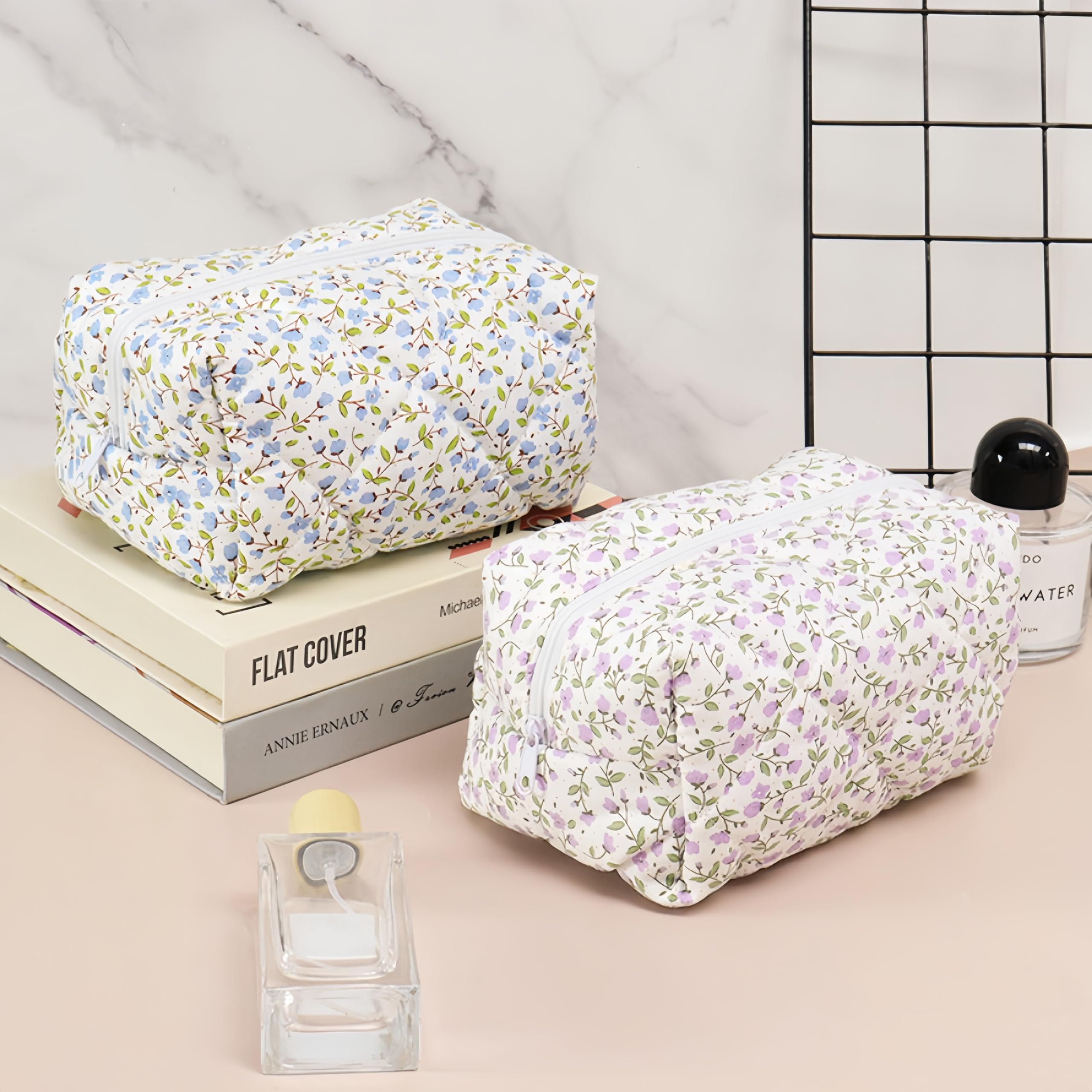 Aucuu Bolsa de cosméticos de Viaje, Bolsa de Maquillaje para Mujer, Bolsa de Aseo Acolchada para Mujer, Bolsa de cosméticos de Gran Capacidad, Bolsa de Maquillaje de algodón con Estampado Floral