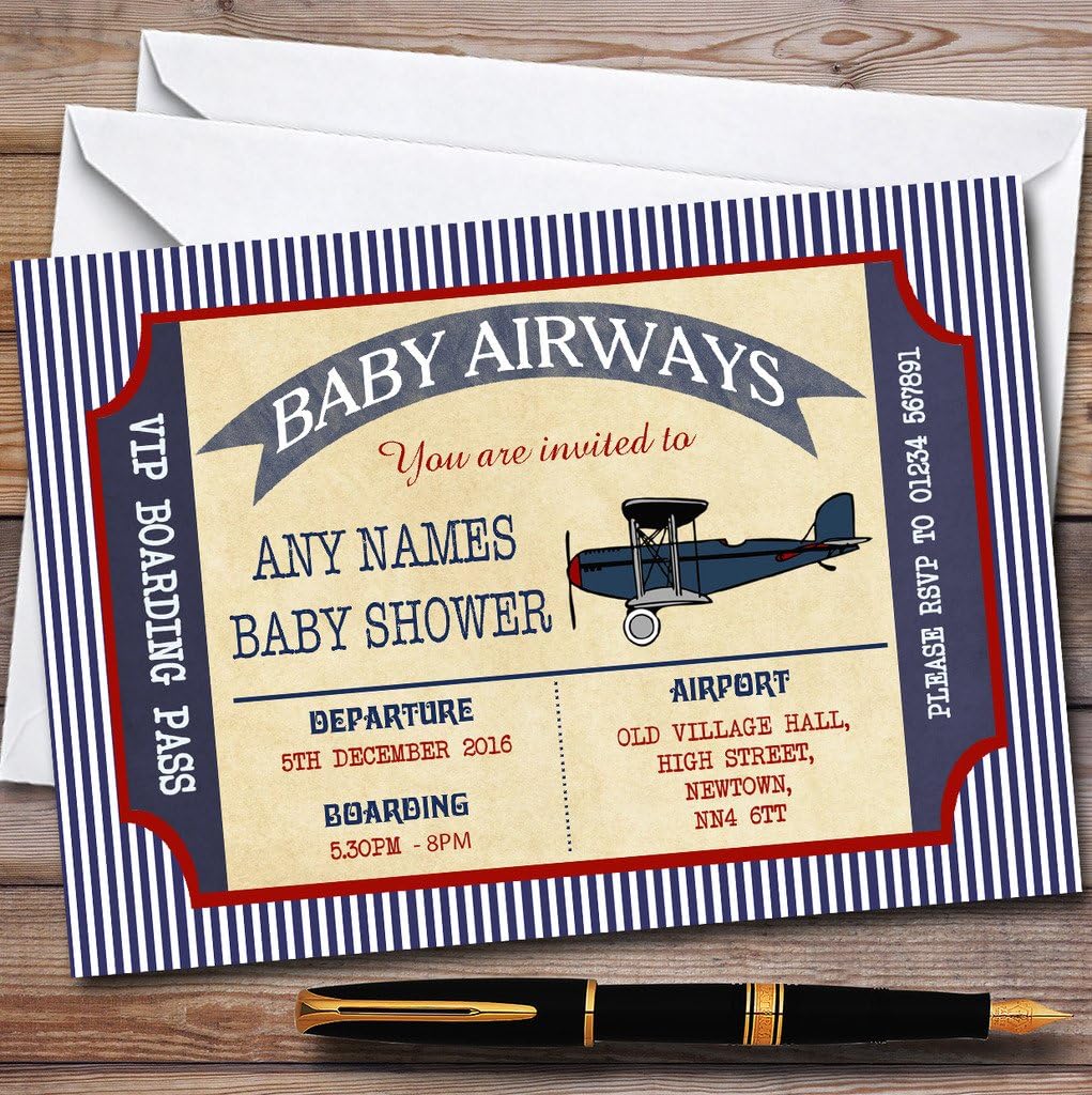 Blue & Red Boarding Pass Plane Invitations Baby Shower Invitations