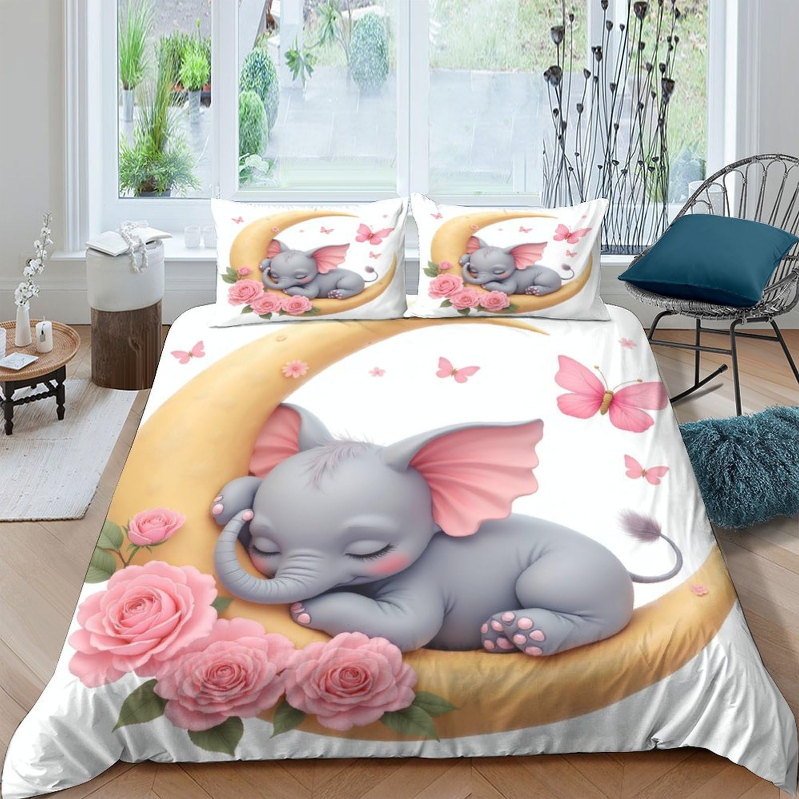 Ctjqhvkz Style-3 3D Printed Sleeping Elephant Moon Fitted Sheet Microfiber Pink Floral Mattress Cover Bedroom Decor Washable Single（135X200cm）