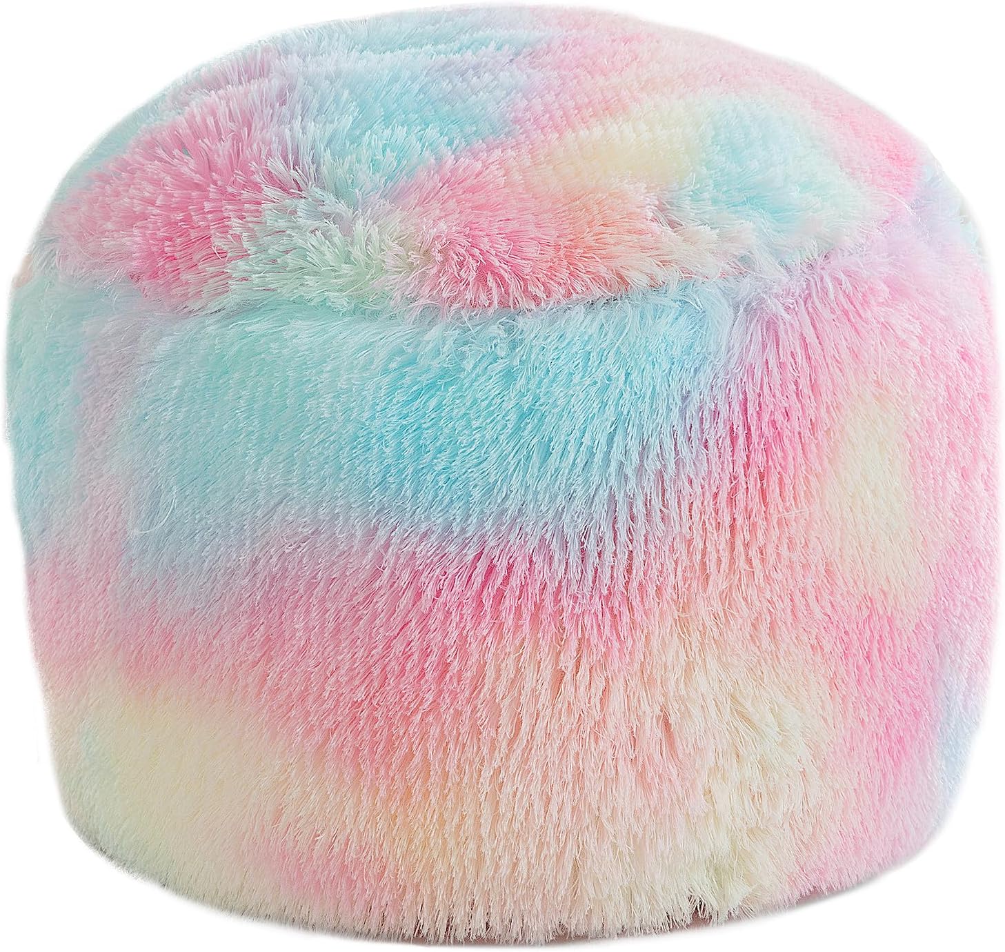 HOMBYS Unstuffed Ottoman Pouf Cover,Round Faux Fur Foot Stool, 20"x20"x12" Fuzzy Chair, Floor Bean Bag(No Filler),Foot Rest with Storage for Living Room, Bedroom, Office, Rainbow Cover ONLY