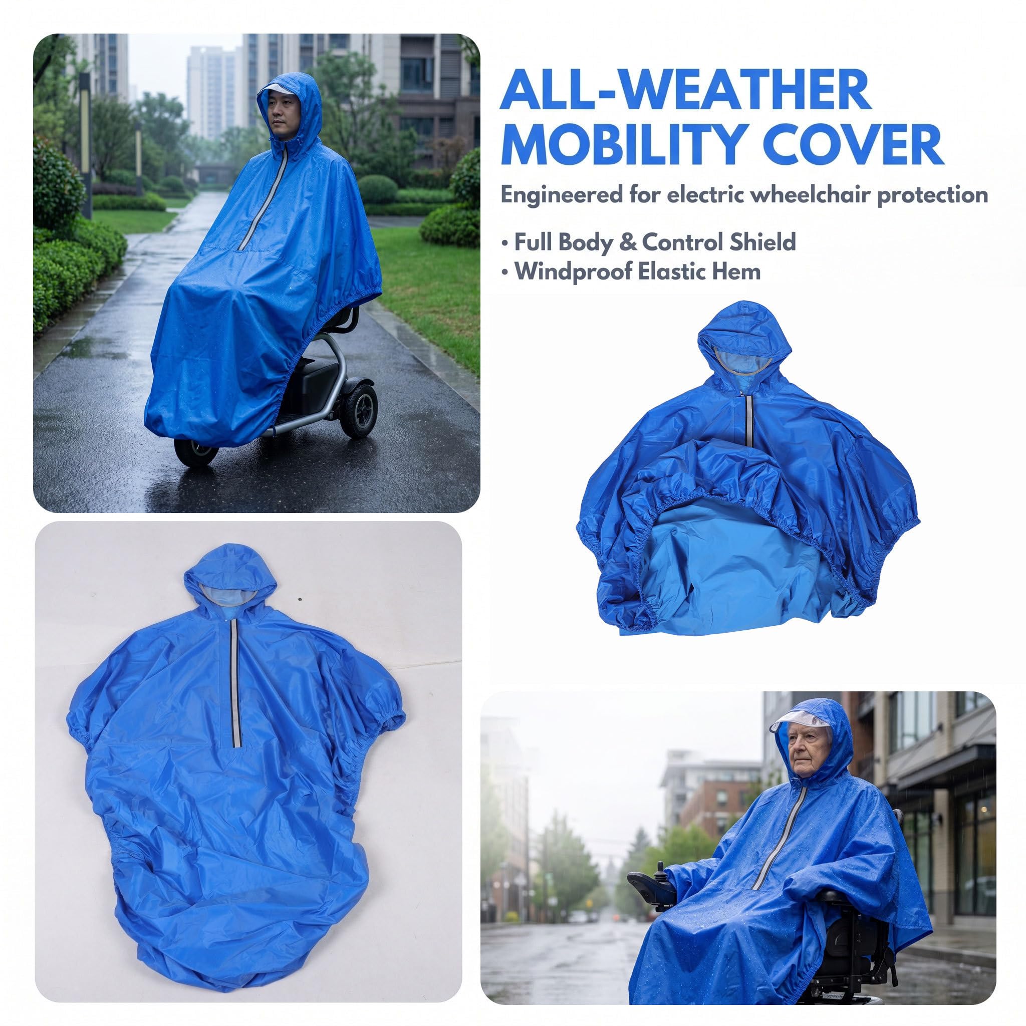 Elektrischer Rollstuhl Vollschutz, PVC, Blau, Regencape mit Kapuze