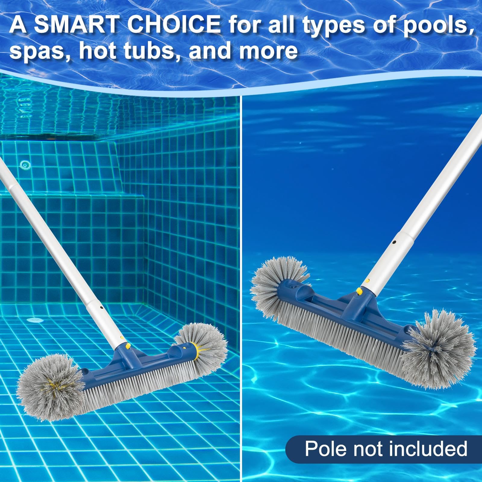 POOLAZA 45,7 cm und 50,8 cm Poolbürsten mit runden Enden, abnehmbare Poolbürsten zum Reinigen von Poolwänden und Fliesen, 2-in-1-Pool-Bürstenkopf für Innenpools/oberirdische Pools, hocheffiziente