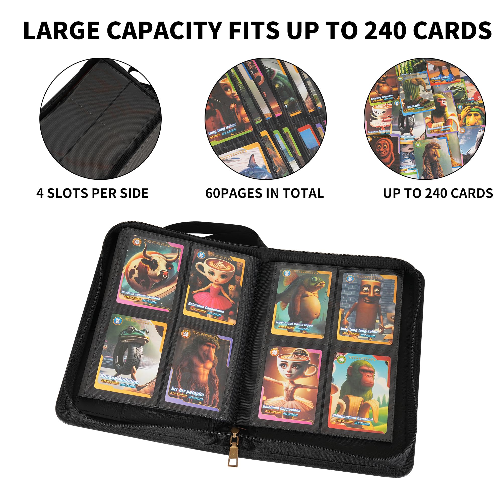 Wonderpool Raccoglitore Carte Collezionabili con Cerniera 4 Tasche per 240 Carte - Pelle PU Impermeabile Album Carte Caricamento Laterale per Pokemon, MTG, TCG & Carte Sportive (Nero