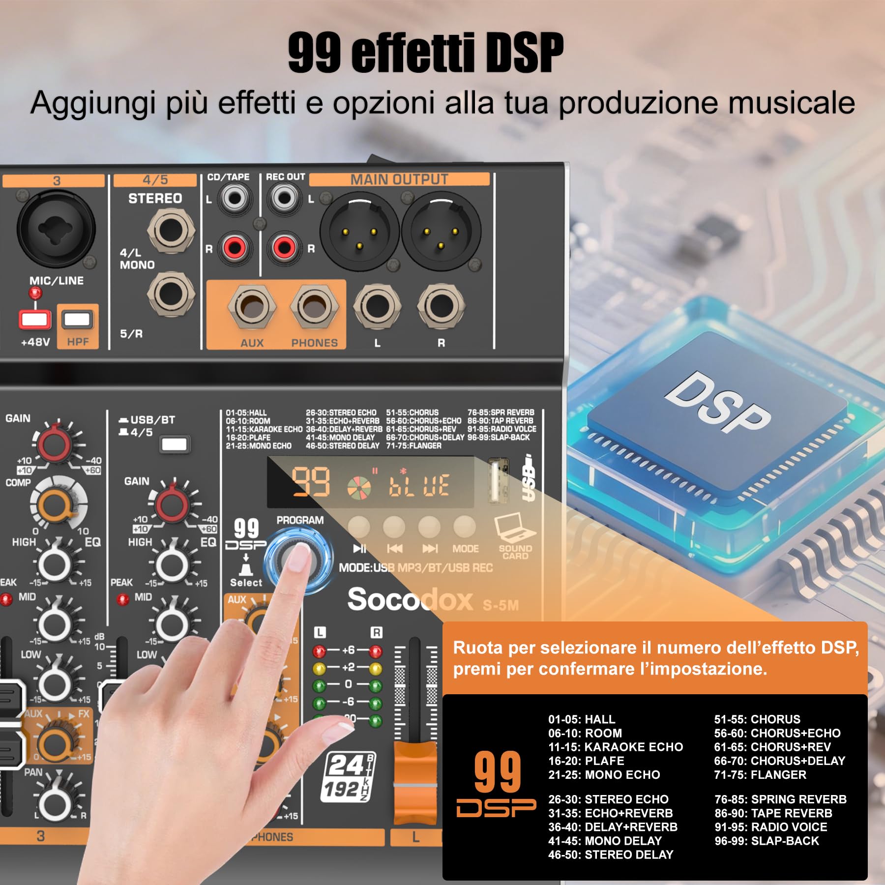 Mixer audio a 5 canali con Bluetooth e 99 effetti DSP per streaming | 48V fantôme, EQ 3 bandes, enregistrement USB, entrées stéréo, faible bruit, gain, jack casque pour église, karaoké, live