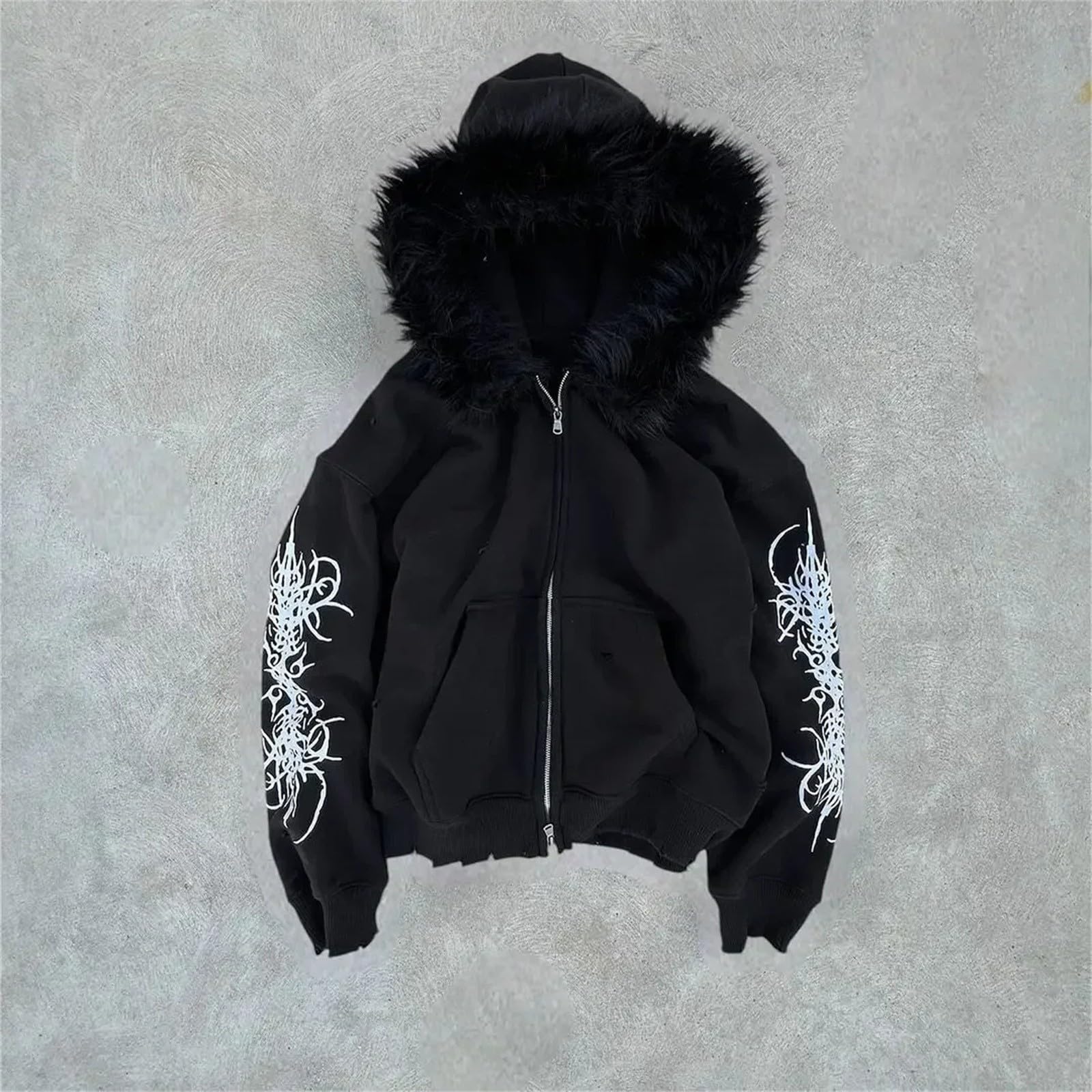 Y2K Vintage Zip Up Hoodie mit Pelzkapuze, 2000er Jahre Druck Oversized Anime Streetwear Sweatshirt Gothic Punk Unisex Leichter lässiger Pullover für Männer Frauen
