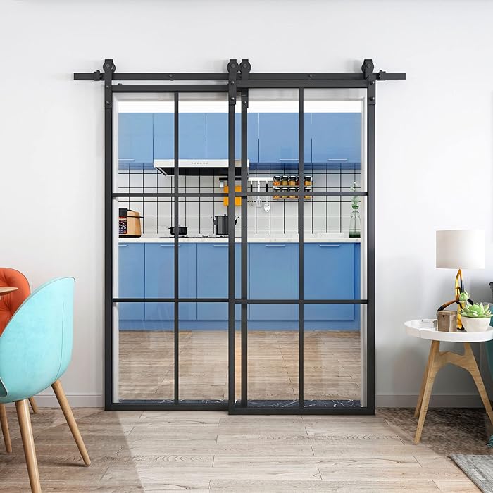 Buy JUBEST Bypass Double Glass Barn Door 72 x 84 in with 6.6FT Side