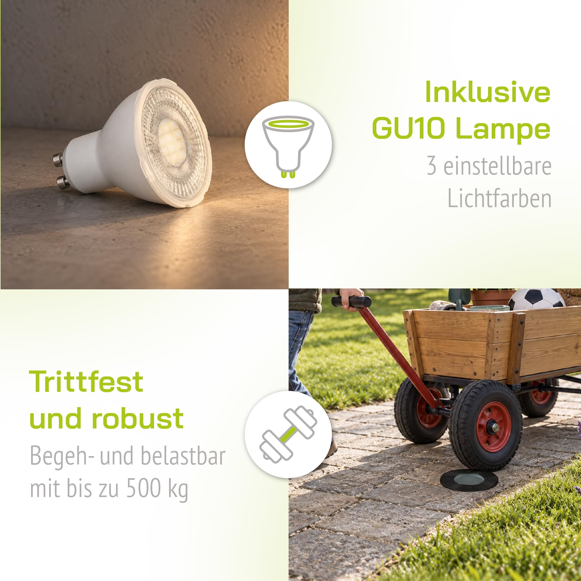linovum 4 Stück BORU Bodeneinbauleuchten Außen IP67 mit LumiFLEX LED GU10 6W warmweiß + neutralweiß + tageslicht - 4x Bodenspots schwarz 230V kratzfest mit Kabel