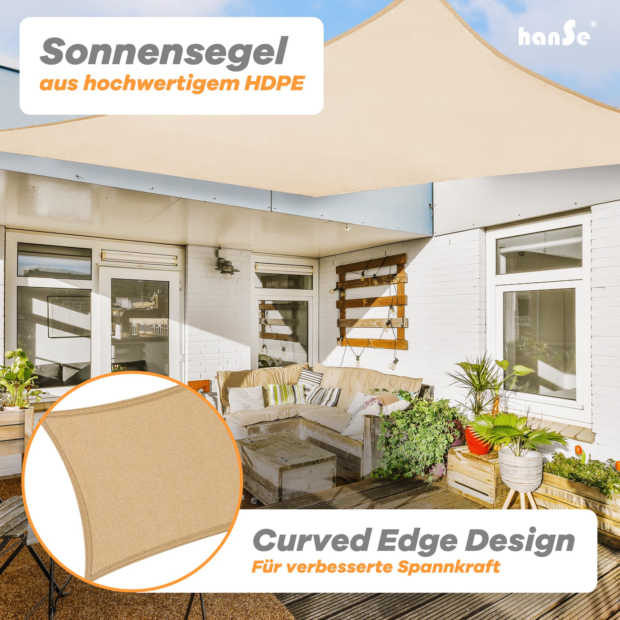 hanSe Sonnensegel rechteckig, Segeltuch Rechteck, 3x4 m in Sand, aus HDPE Gewebe, wetterbeständig mit UV Schutz und Sonnenschutz für Garten, Balkon und Terrasse