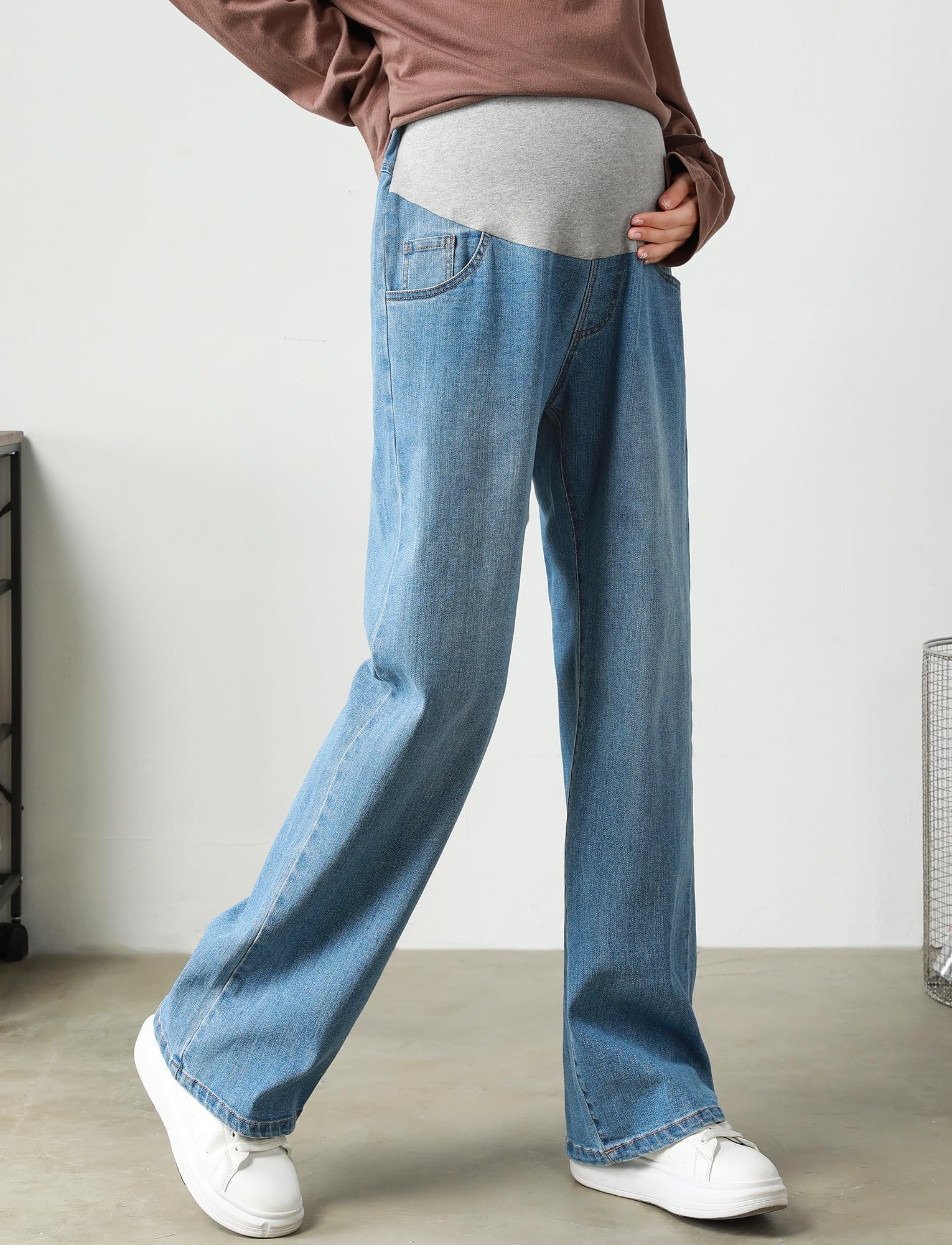 FEOYA Umstandsjeans mit Bauchband Damen Schwanger Jeanshosen Wide Leg Schwangerschaftsjeans Stretch