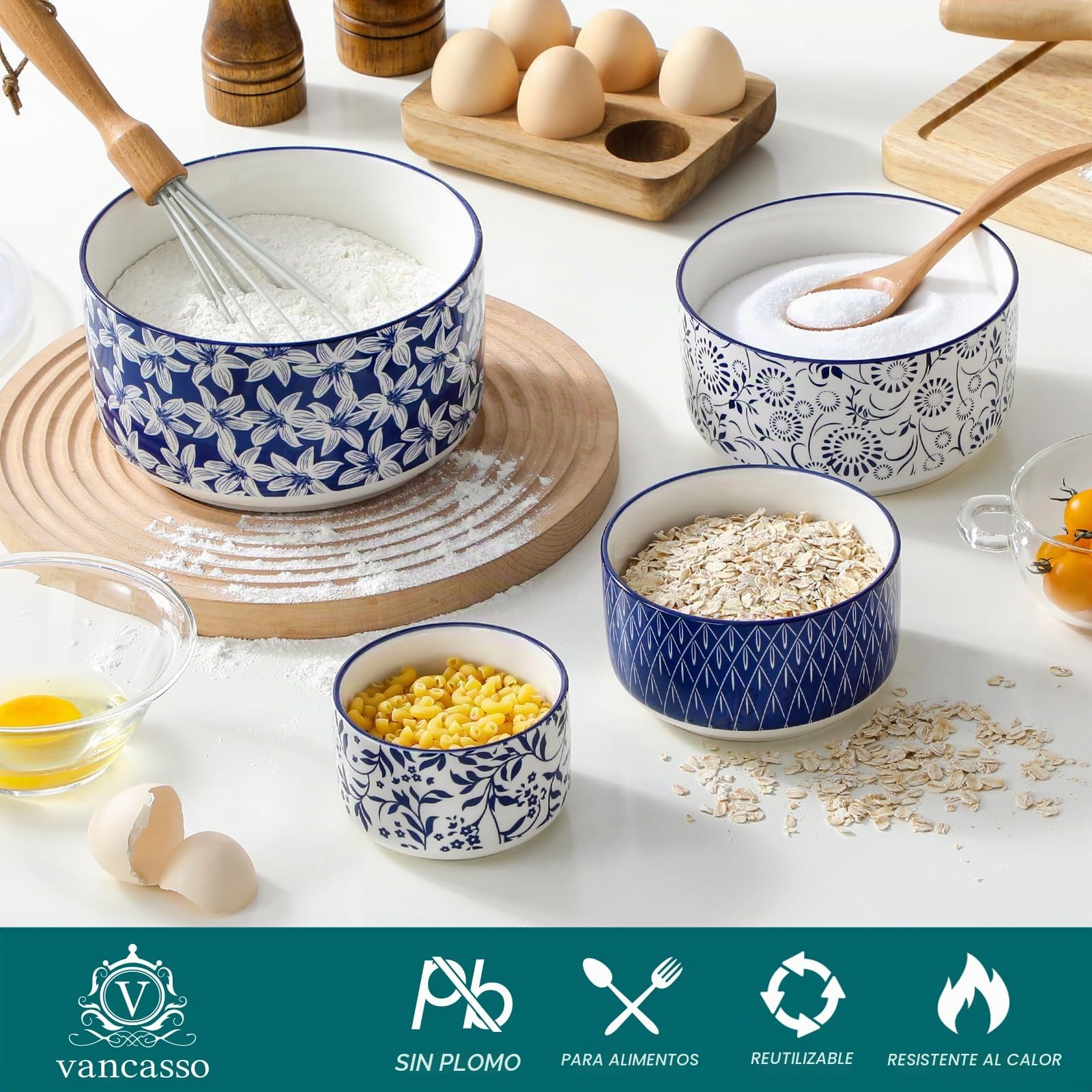 vancasso SELENE - Juego de 4 Cuencos de Porcelana con Tapas Herméticas, 300ml/600ml/1080ml/1800ml, Recipientes Herméticos para Sopa, Ensalada, Ramen, Apto para Microondas y Congelador, Azul y Blanco