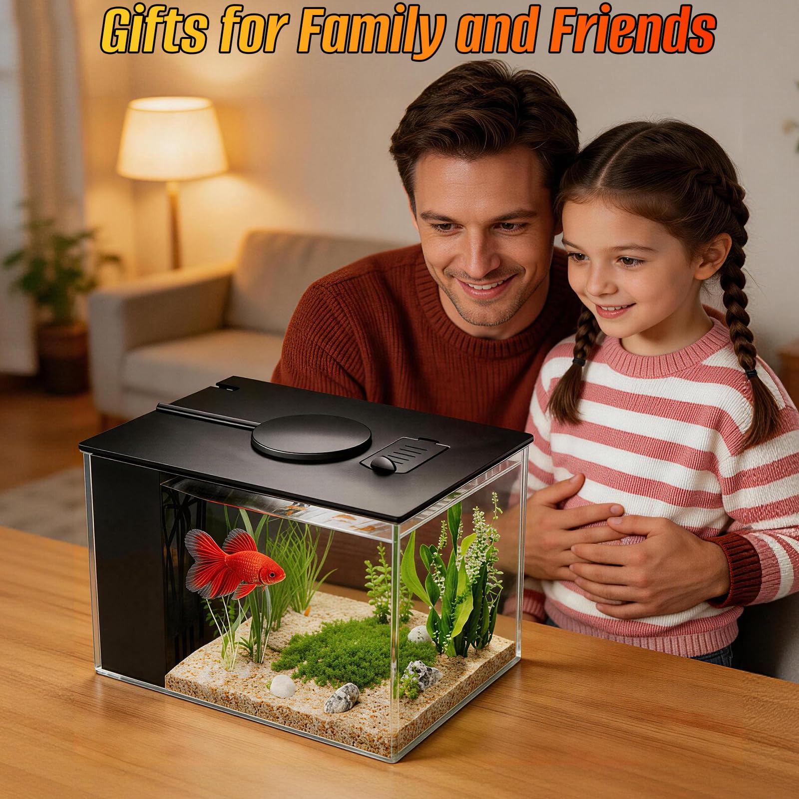 Mini acuario acrílico de 3,7 l con bomba de filtro, iluminación LED, pequeño acuario Betta, juego completo para peces pequeños, gambas y plantas (negro)