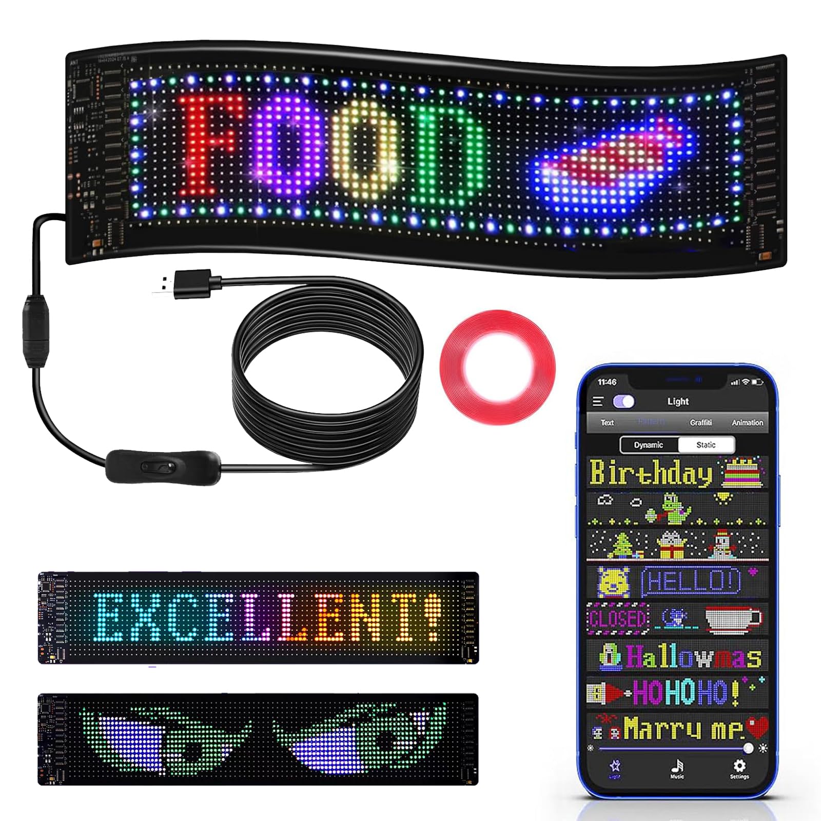ZYNTEK Programmable Scrolling LED Sign: 4"×15" Flexible LED Display with Bluetooth App Control, DIY Custom Text/Animation for Car Rear Window, Party &Shop Window, Business Advertising