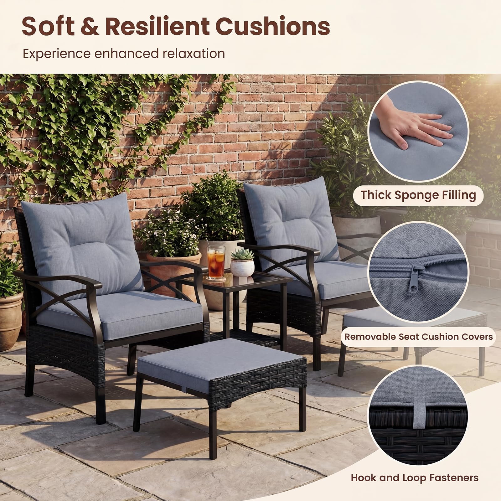 Giantex 5-teiliges Rattan Gartenmöbel Set, Balkonmöbel Kleiner 2-4 Personen, Lounge Möbel Outdoor mit Tisch, 2 Sessel, 2 Hocker, inkl. Rückenkissen & Sitzkissen, Terrassenmöbel