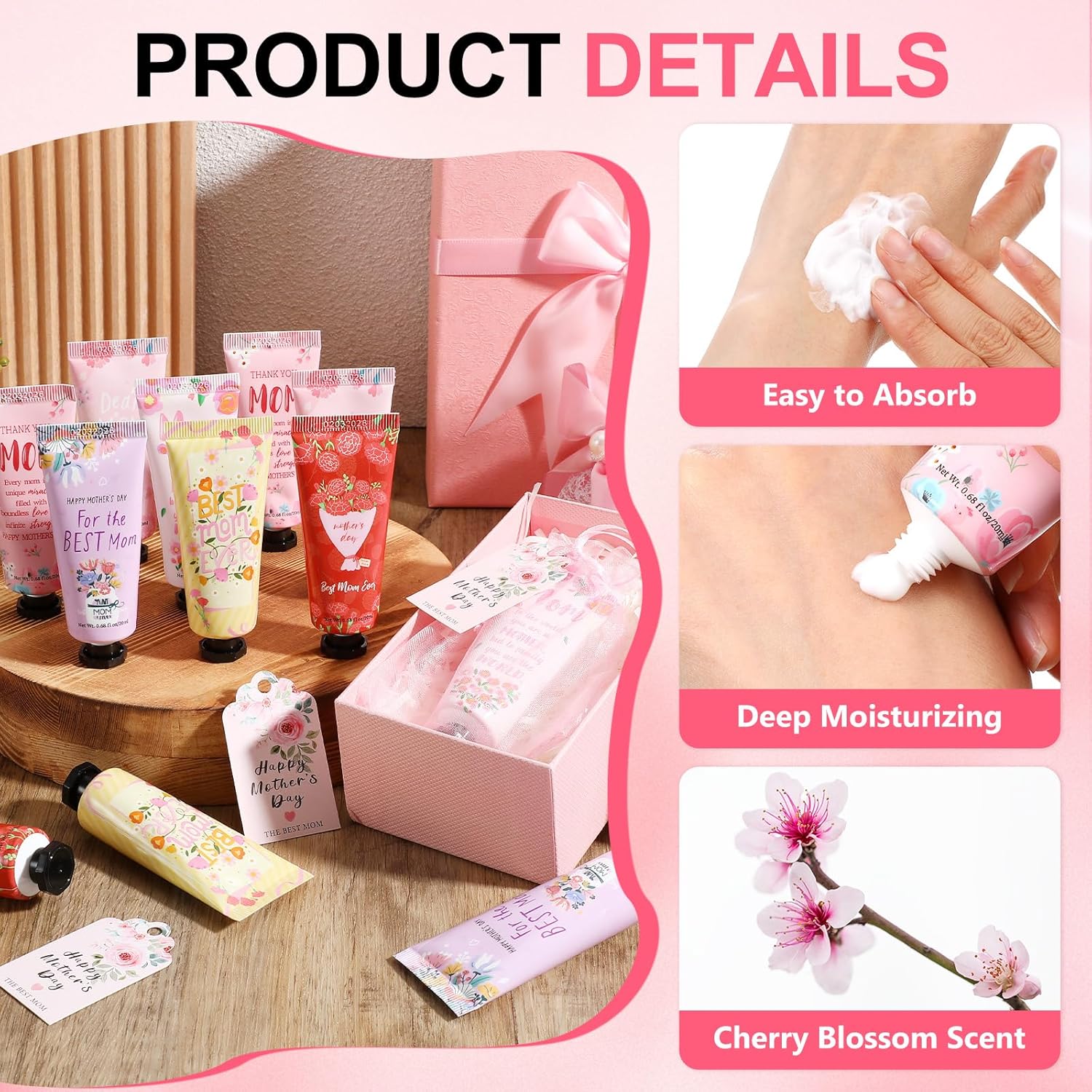 Loopeer 48 Sets Mother's Day Hand Cream Gifts Happy Mother's Day Party Favors Bulk Hand Cream with Organza Bag and Greeting Card for Women, Mom Party Decoration