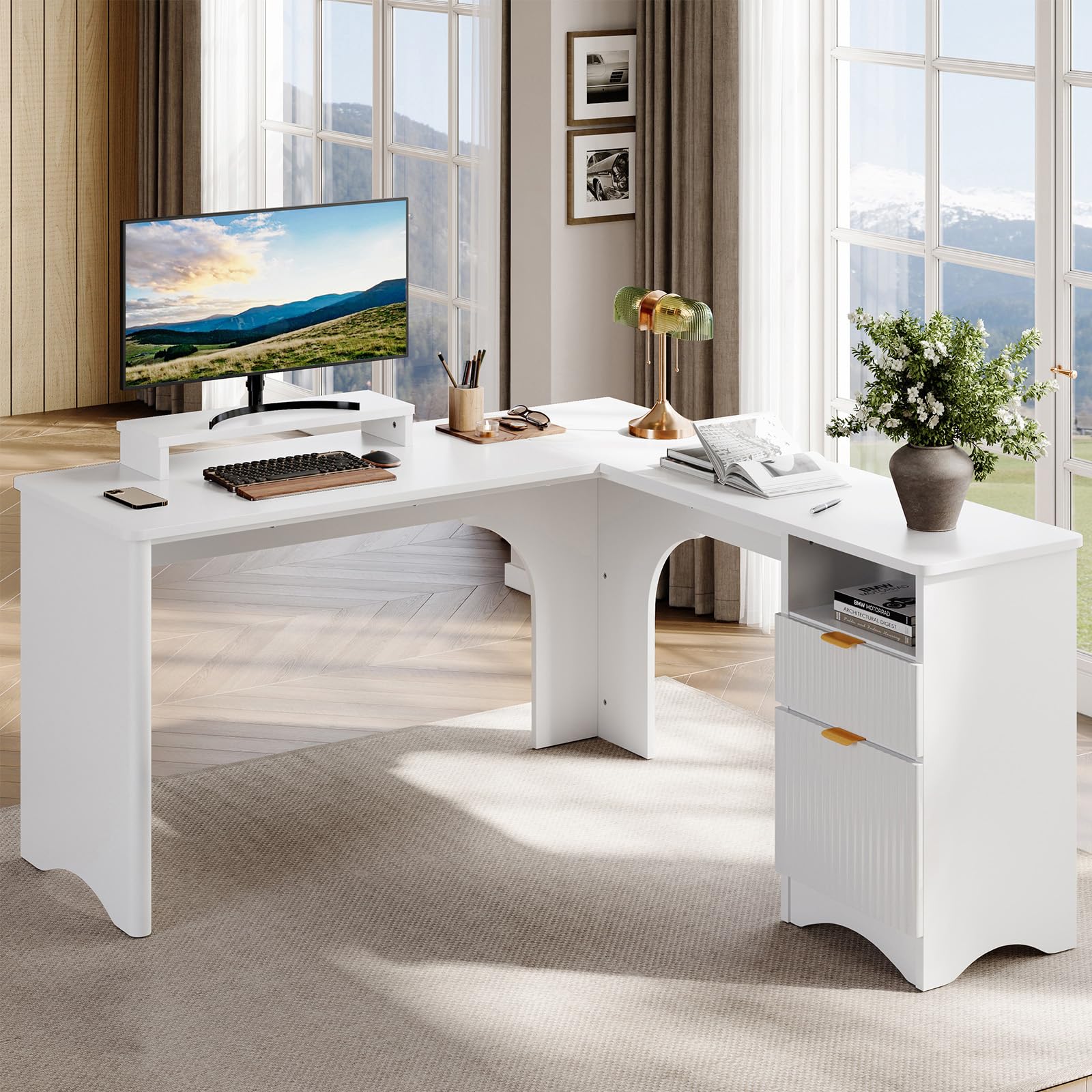 Bestier L Shaped Desk with File Drawer, 55.7" x 55" Office Computer Desk with Round Corners, Modern Desk with Monitor Stand & Fluted Panels for Home Office, White
