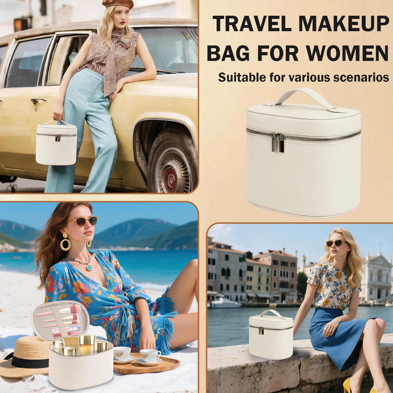 Neceser Maquillaje de Cuero PU Impermeable, Neceser Viaje para Mujer Grande, Maletín de Cosméticos Portátil, Bolsa de Maquillaje Organizador con Divisor Desmontable y Doble Cremallera (Blanco)
