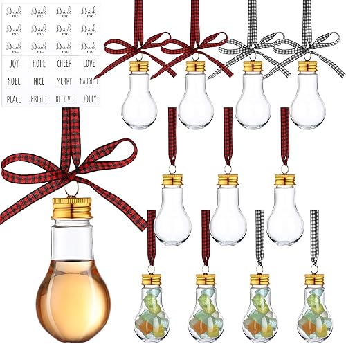 Kajaia 12 bolas de alcohol de Navidad, adornos de árbol rellenables de Navidad con calcomanías de cinta de cuadros de búfalo, adornos de plástico