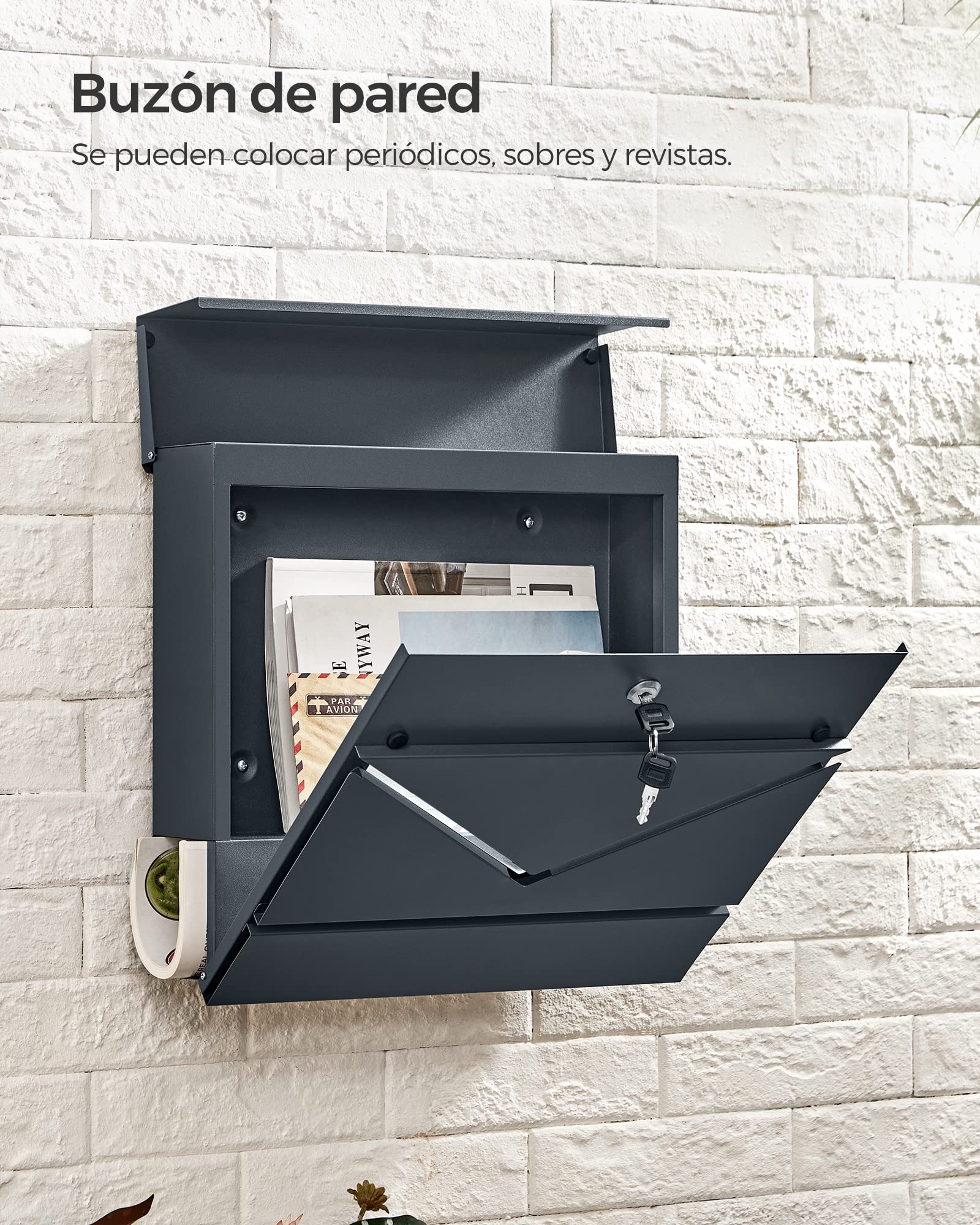 SONGMICS Buzón Correo, Ventanas de Visualización en Forma de V, Buzón Correo Montado en Pared, con Cerradura y Tapa, Portapapeles, Fácil de Instalar, Gris Antracita GMB054G01